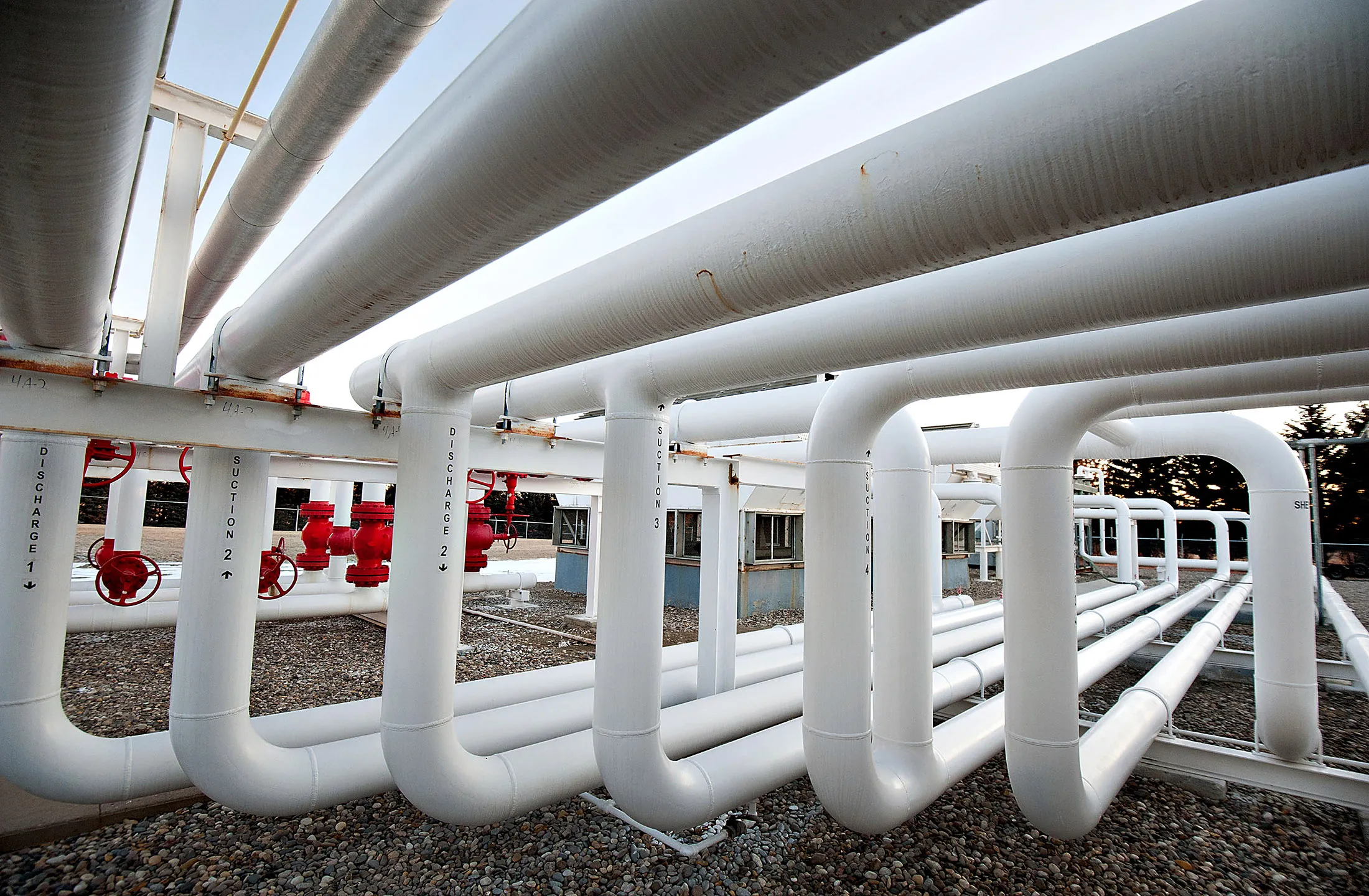 A series of pipes direct natural gas in Bismarck, North Dakota.
