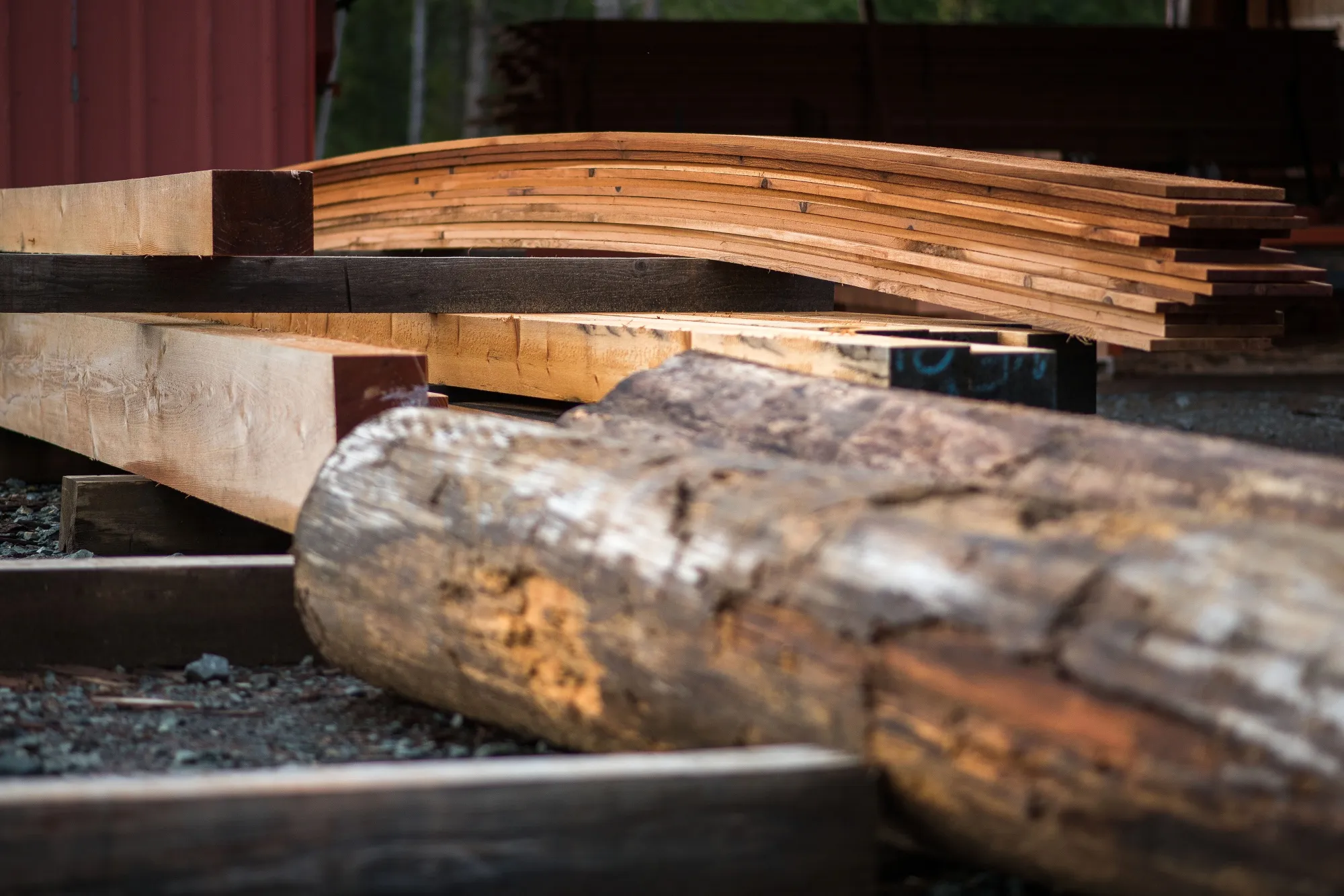 Cut boards and lumber are stacked at a sawmill in Sooke, British Columbia in October 2021.
