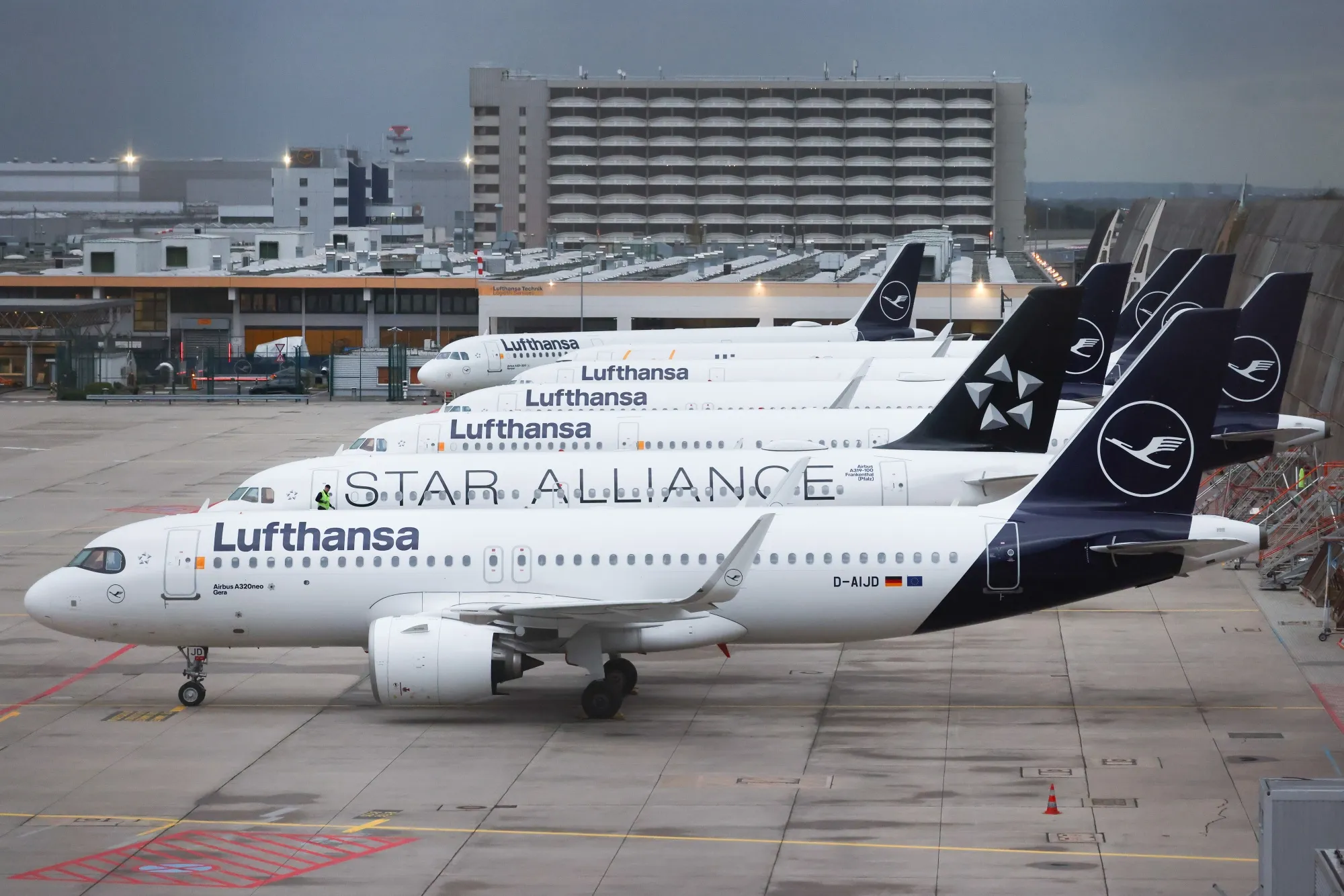 Passenger aircraft, operated by Deutsche Lufthansa AG, grounded during a strike at Frankfurt Airport.