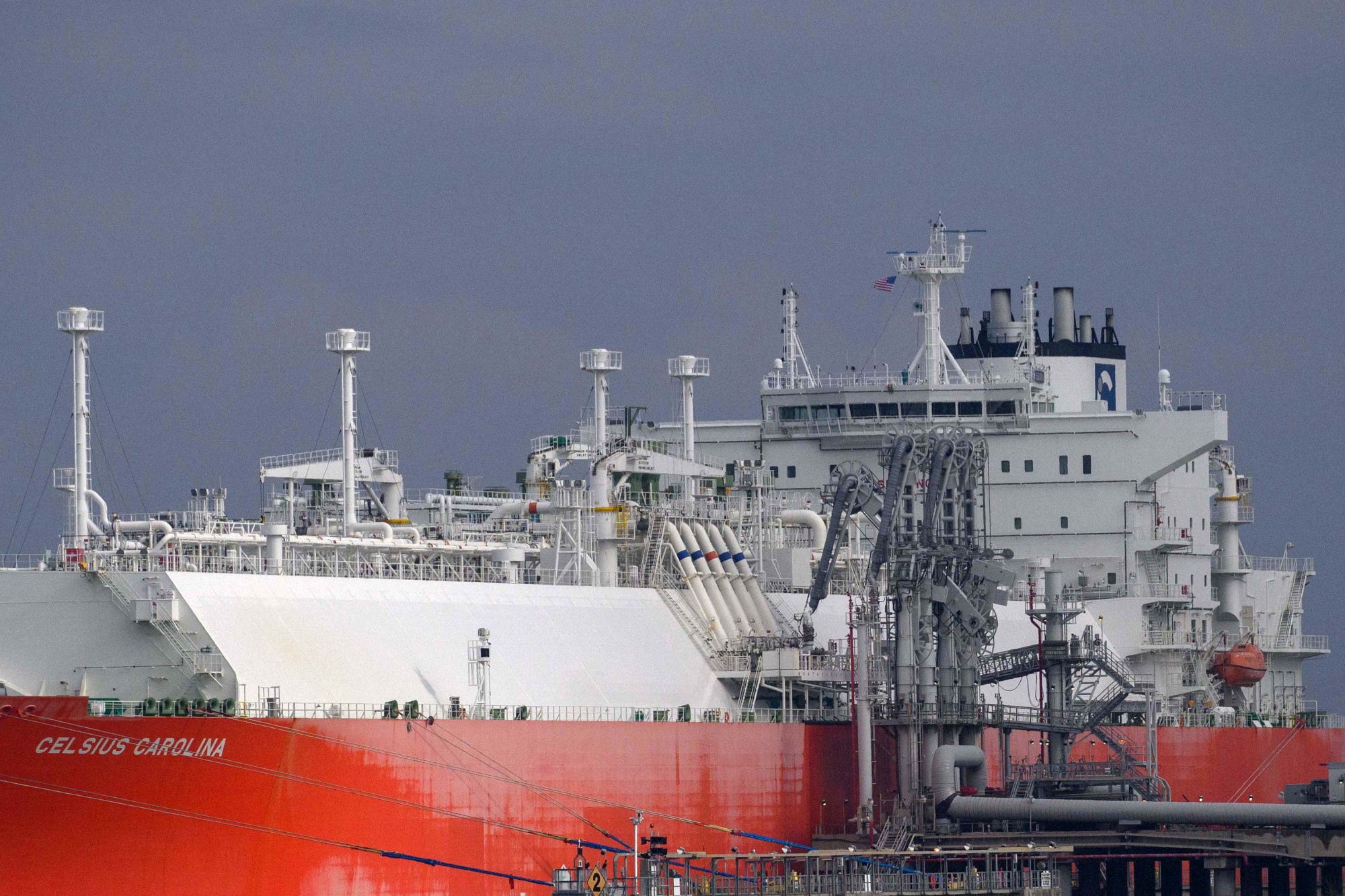 The Celsius Carolina liquefied natural gas (LNG) tanker docked at Cheniere's Sabine Pass LNG export terminal in Cameron, Louisiana, US, on Wednesday, Feb. 5, 2025. China's decision to slap retaliatory tariffs on liquefied natural gas imported from the US will trigger a scramble to decouple the world's biggest buyer and seller of the super-chilled fuel.