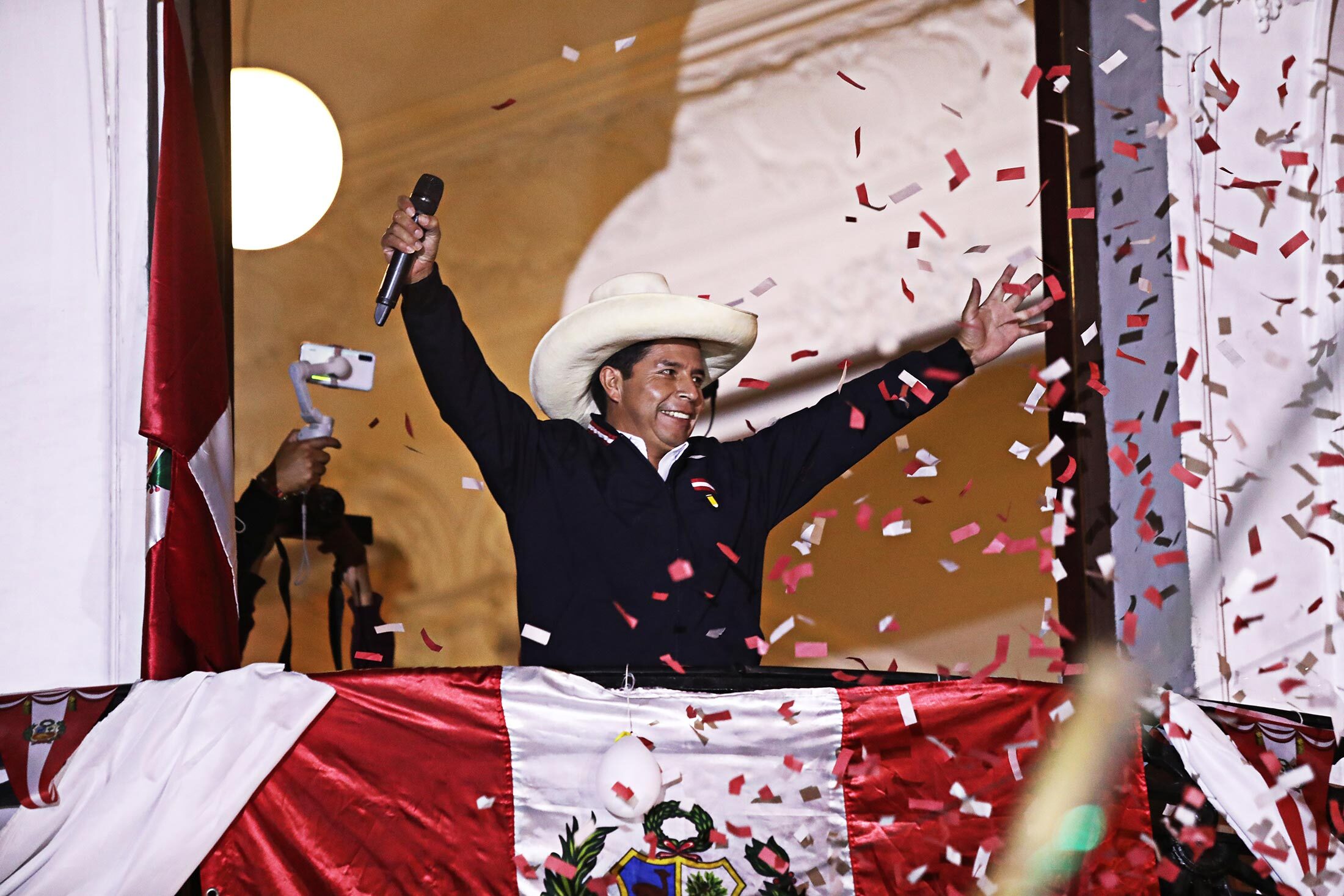Peruvian&nbsp;presidential candidate Pedro Castillo&nbsp;talks to supporters at his party’s headquarters in Lima on June 8.