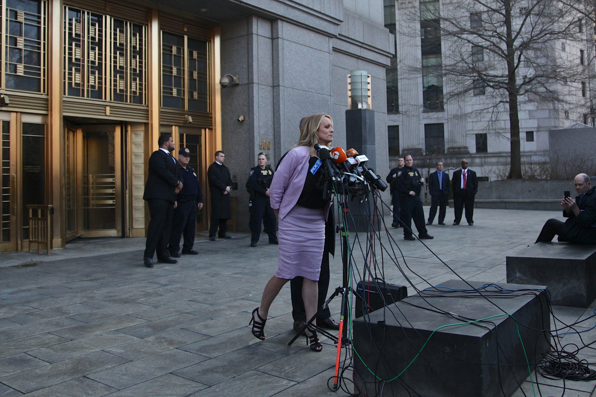 Stormy Daniels speaks to the media outside Federal Court in New York on April 16.