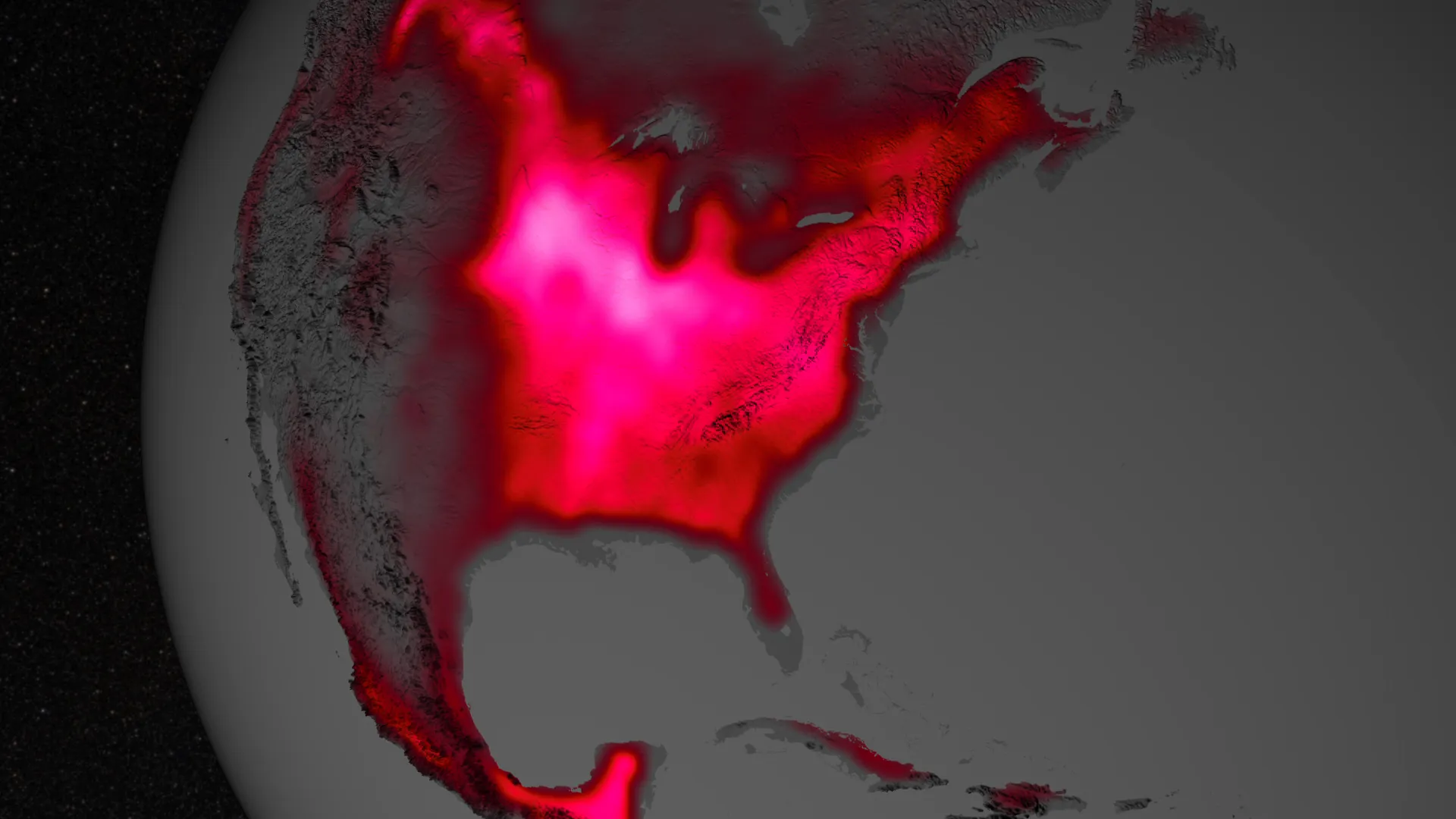 The&nbsp;&nbsp;magnitude of fluorescence portrayed in this visualization prompted researchers to take a closer look at the productivity of the U.S. corn belt. The glow represents land plants in early July, over a period from 2007 to 2011.