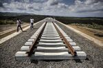 Incomplete rail tracks for the Standard Gauge Railway (SGR) line lay on the ground near Duka Moja, Kenya.