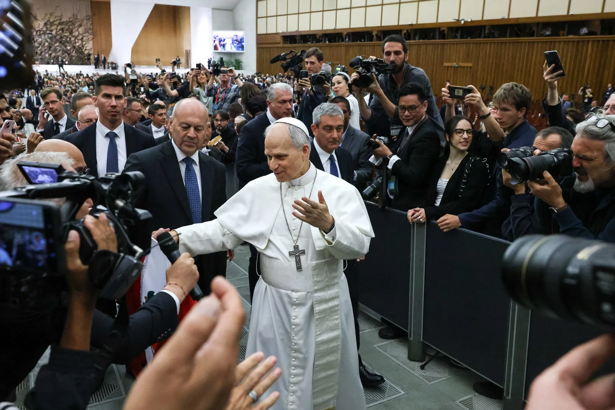 Pope Leo XIV in Paul VI hall in Vatican City.