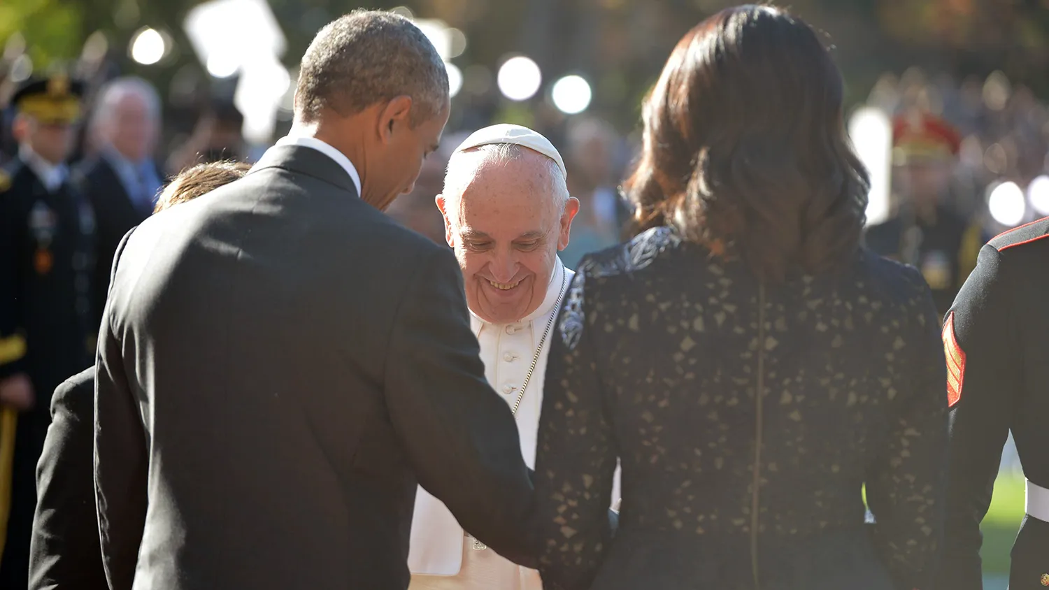 President Barack Obama welcomes Pope Francis to the White House on Sept. 23, 2015, in Washington.
