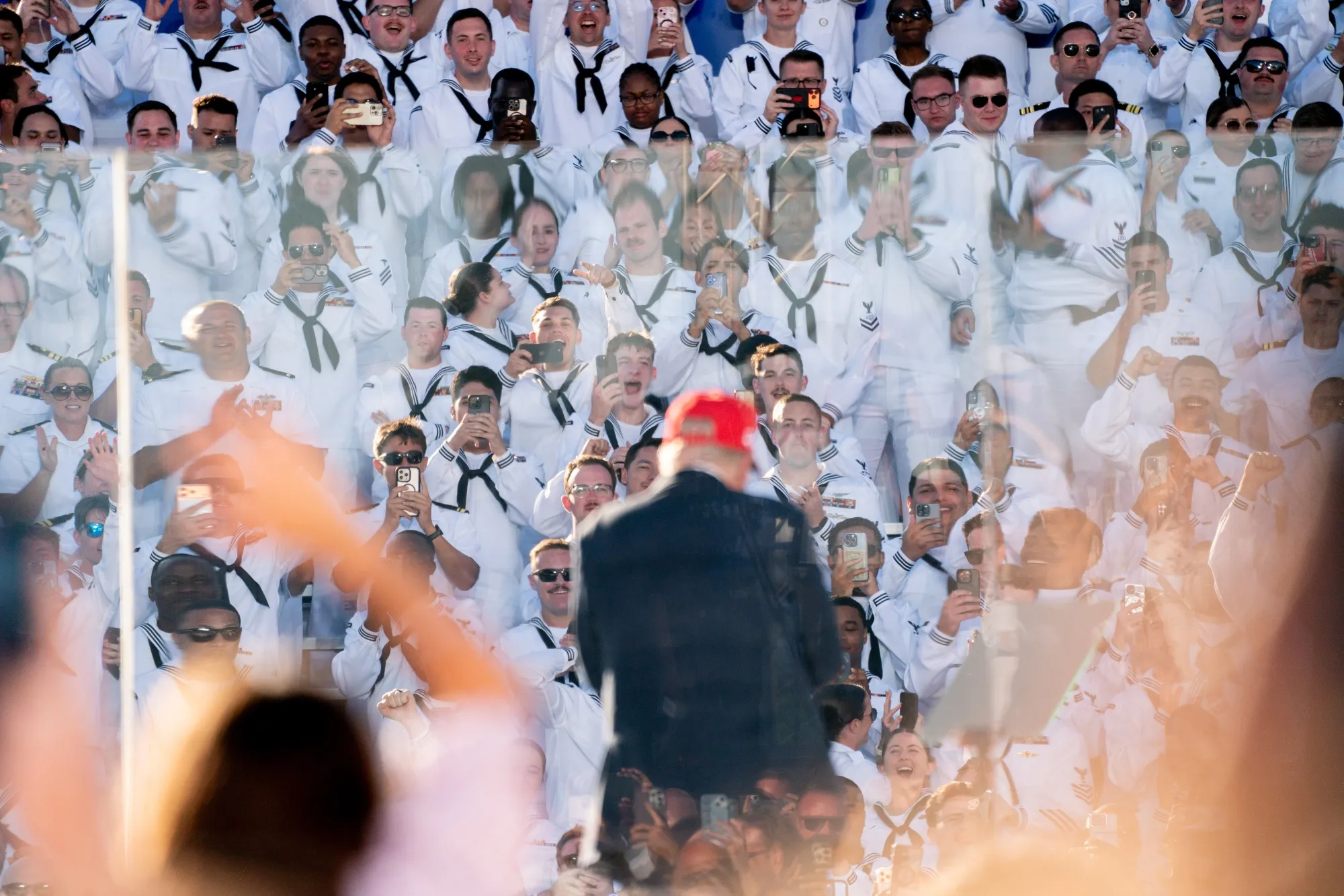 Members of the US Navy react to US President Donald Trump during&nbsp;the US Navy's 250th anniversary at Naval Station Norfolk in Norfolk, Virginia on Oct. 5.