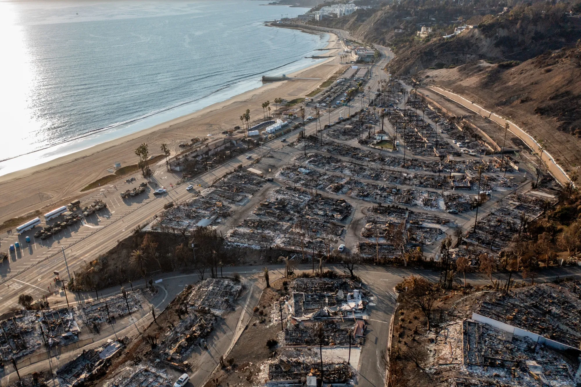 Destroyed homes following the Palisades Fire in the Pacific Palisades area of Los Angeles, California.