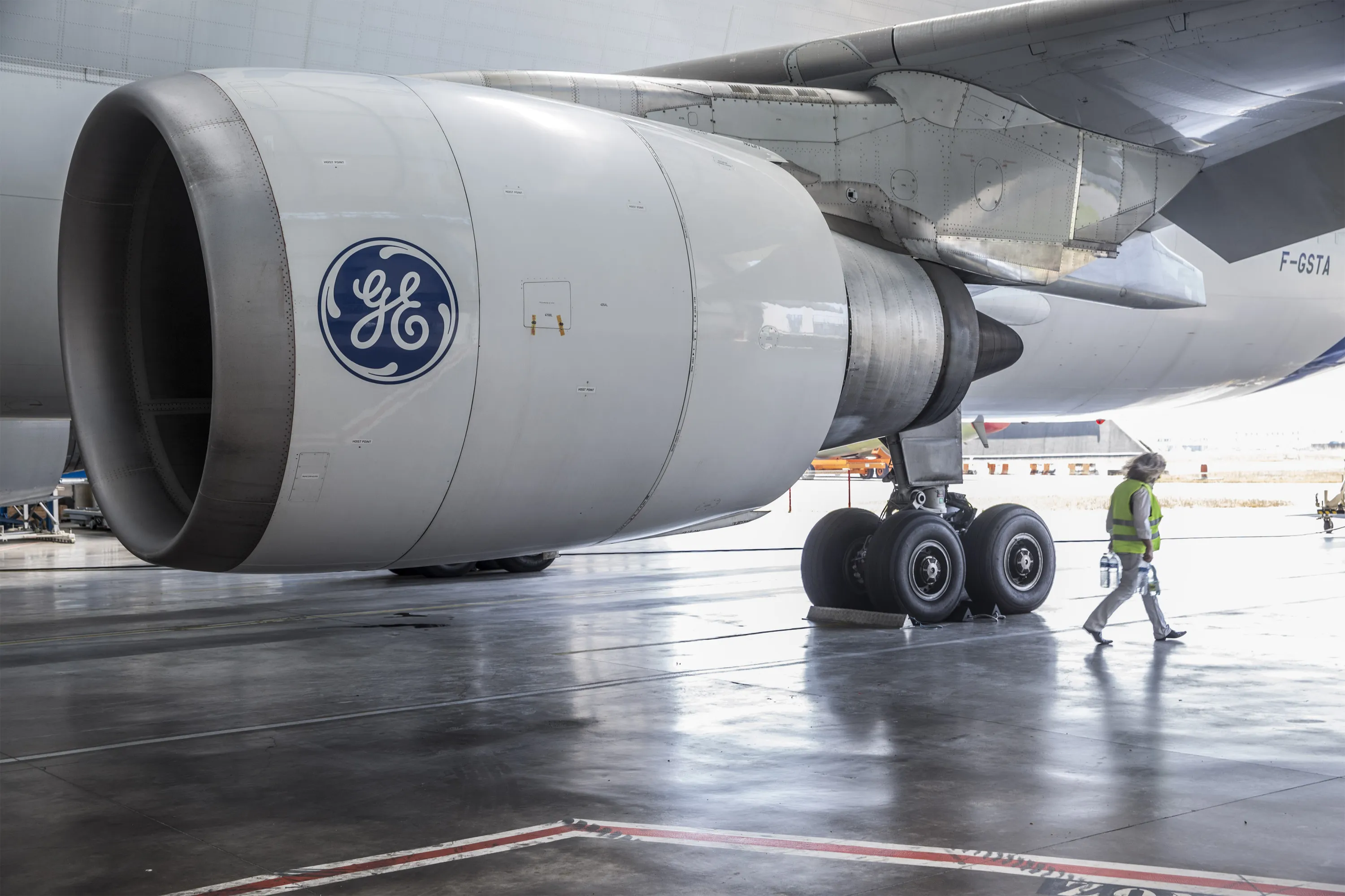 GE logo on a GE Aviation CF6-80C jet engine.