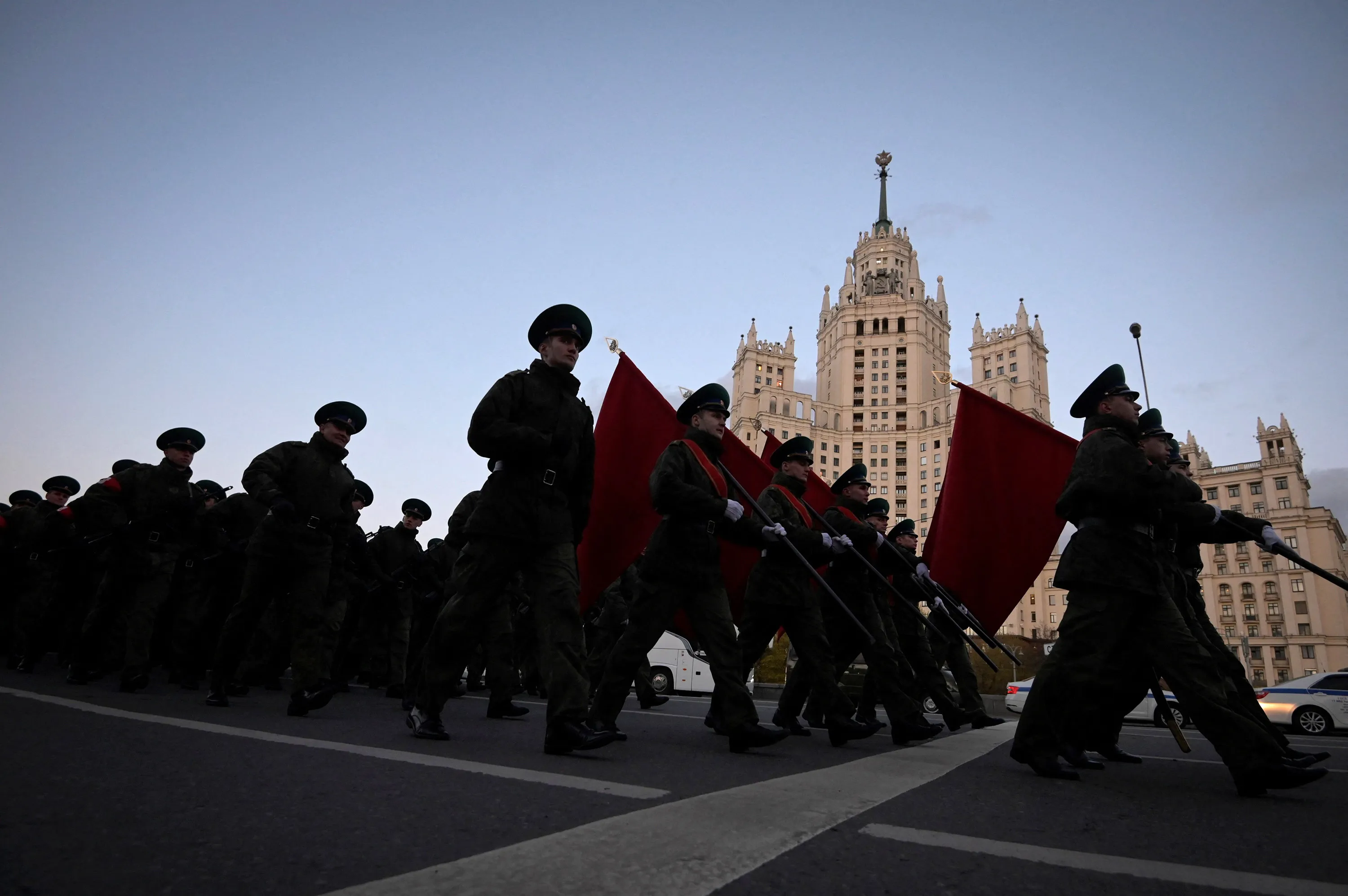 Russian servicemen take part in a rehearsal of the Victory Day military parade&nbsp;in central Moscow on May 4.