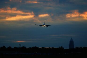 Airplane landing at Cleveland Airport in the morning
