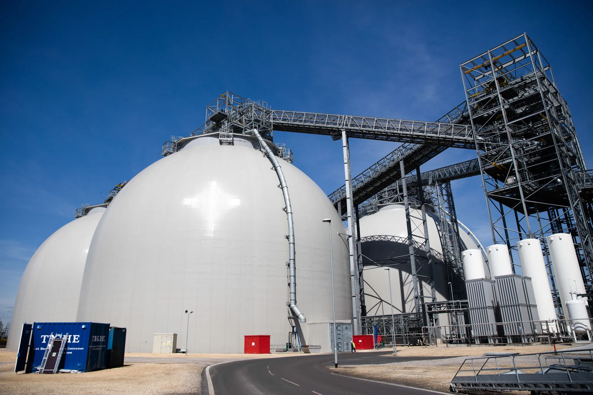 Biomass fuel storage tanks at the Drax power station near Selby, UK.