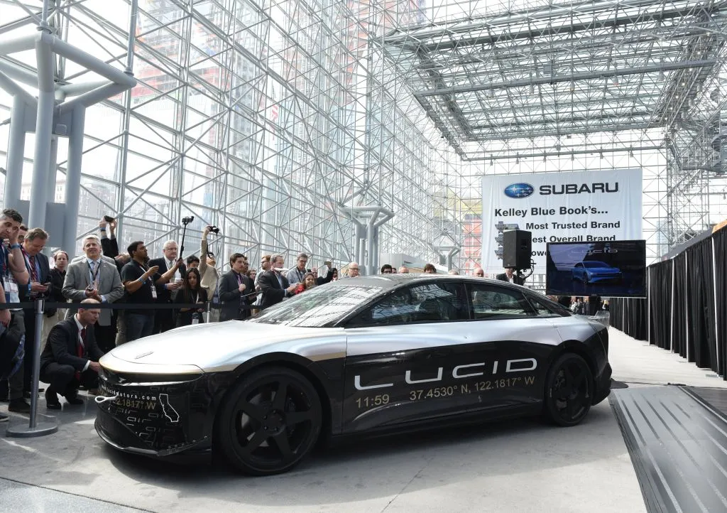 The Lucid Air electric sedan is displayed during the New York International Auto Show at the Javits center in New York on April 13, 2017.