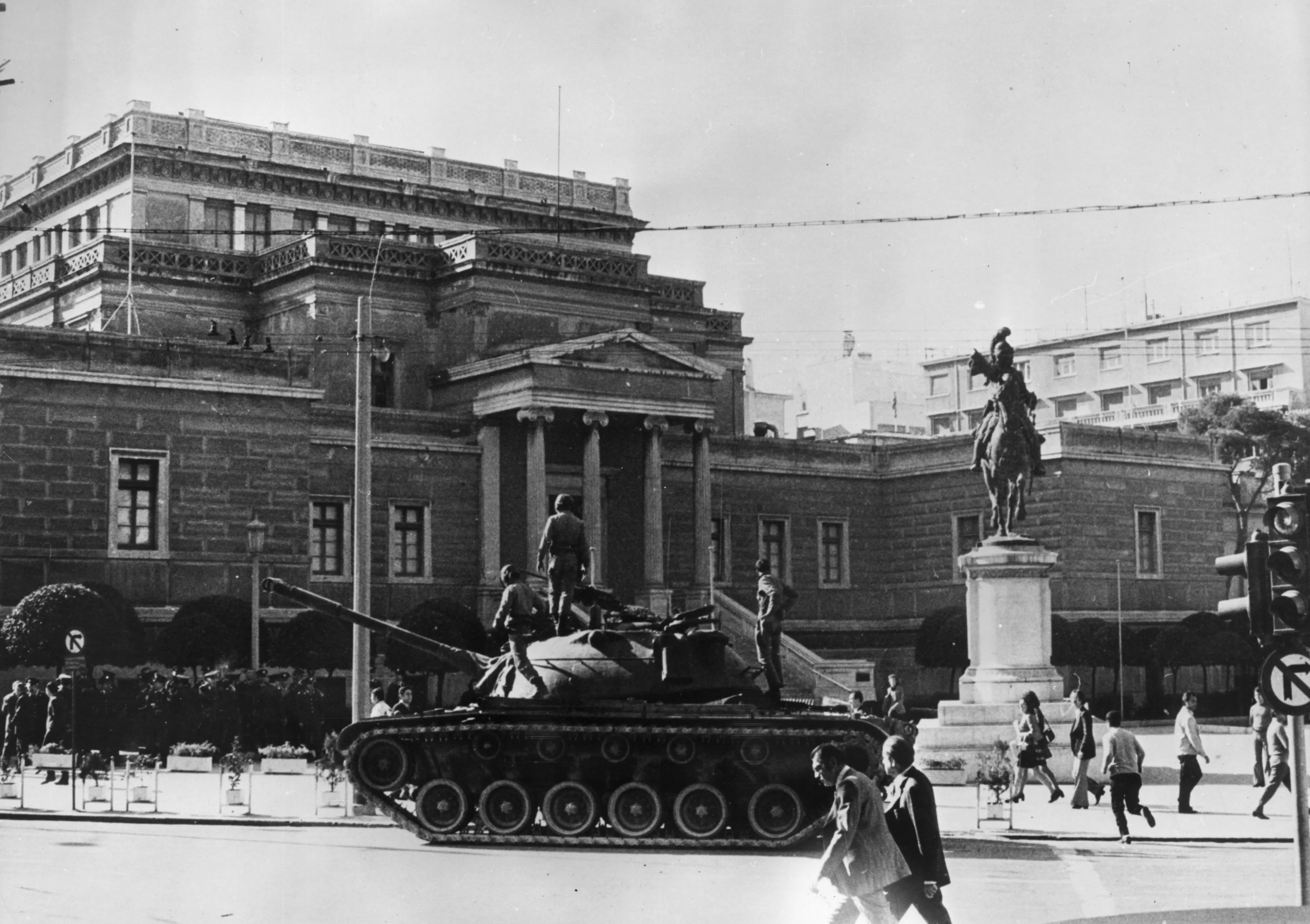 20th November 1973: A tank taking up position in one of the main streets of Athens during riots in which nine people died when students demonstrated against NATO and the rule of the Greek colonels.