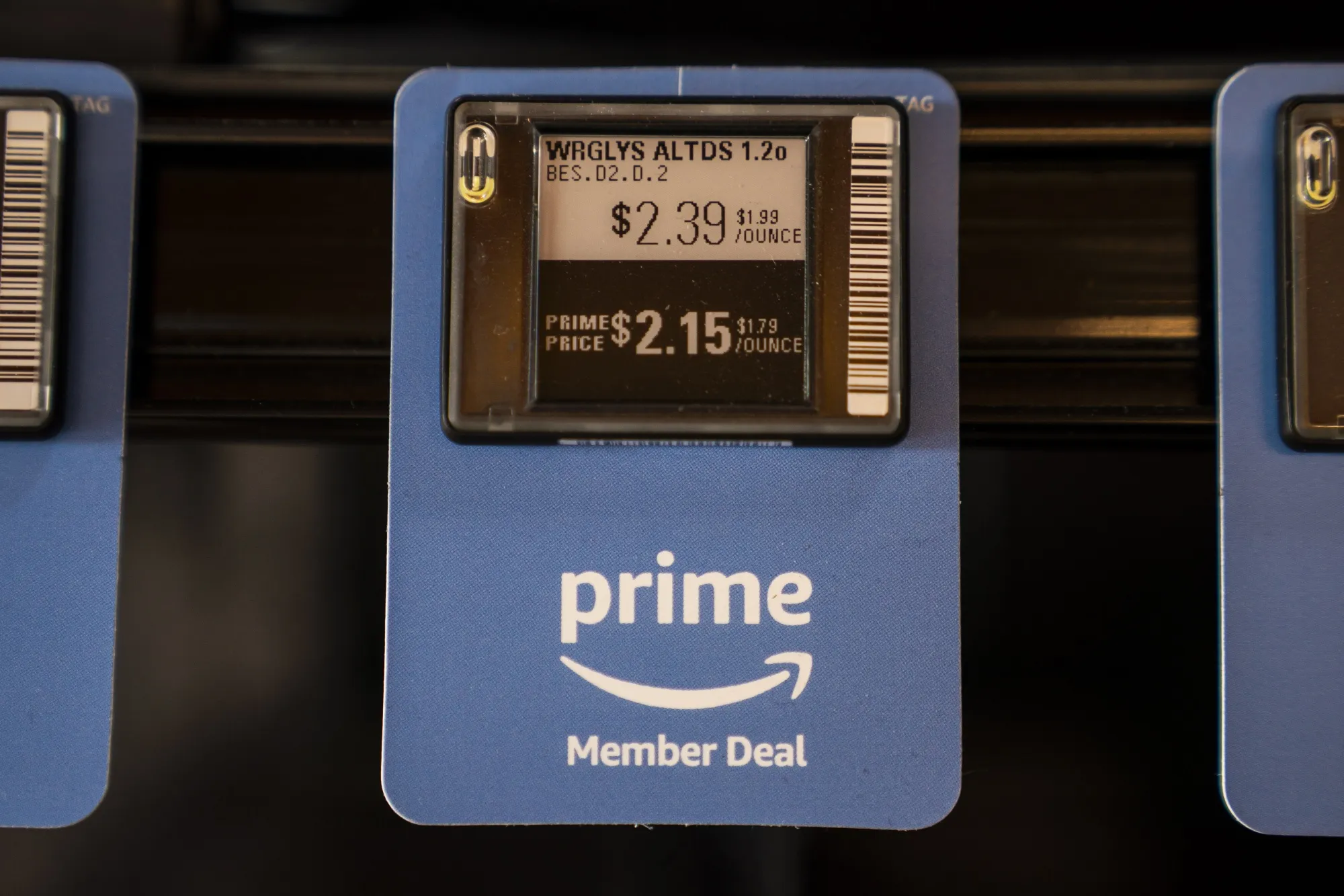 A Prime member deal price tag at an Amazon Fresh grocery store in Seattle.