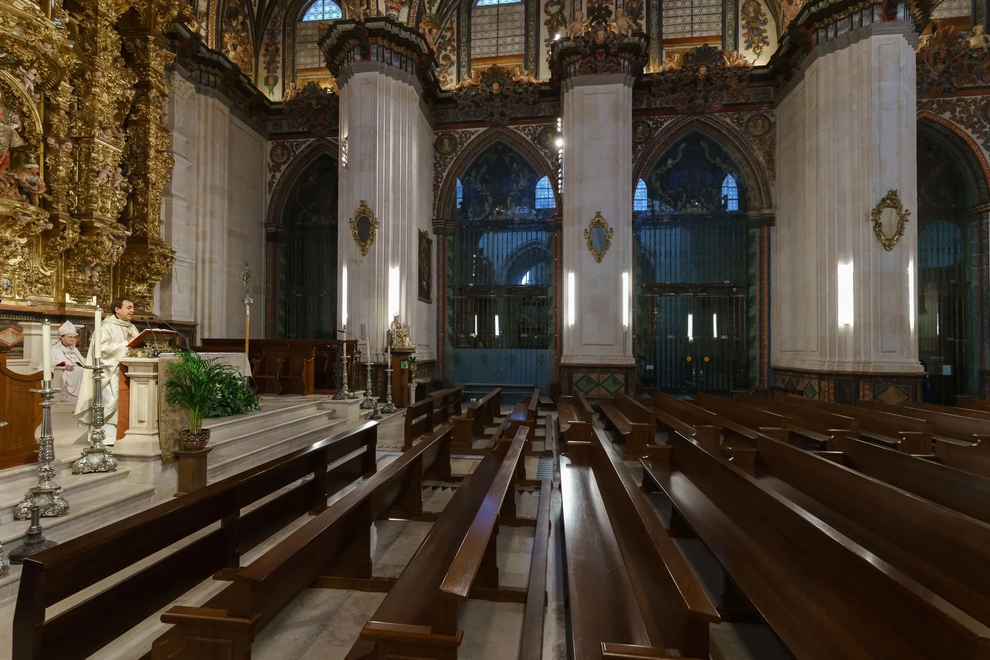 The archibishop of Burgos, Fidel Herraez conducts mass in the empty cathedral during national lockdown in Burgos, Spain, on April 9.