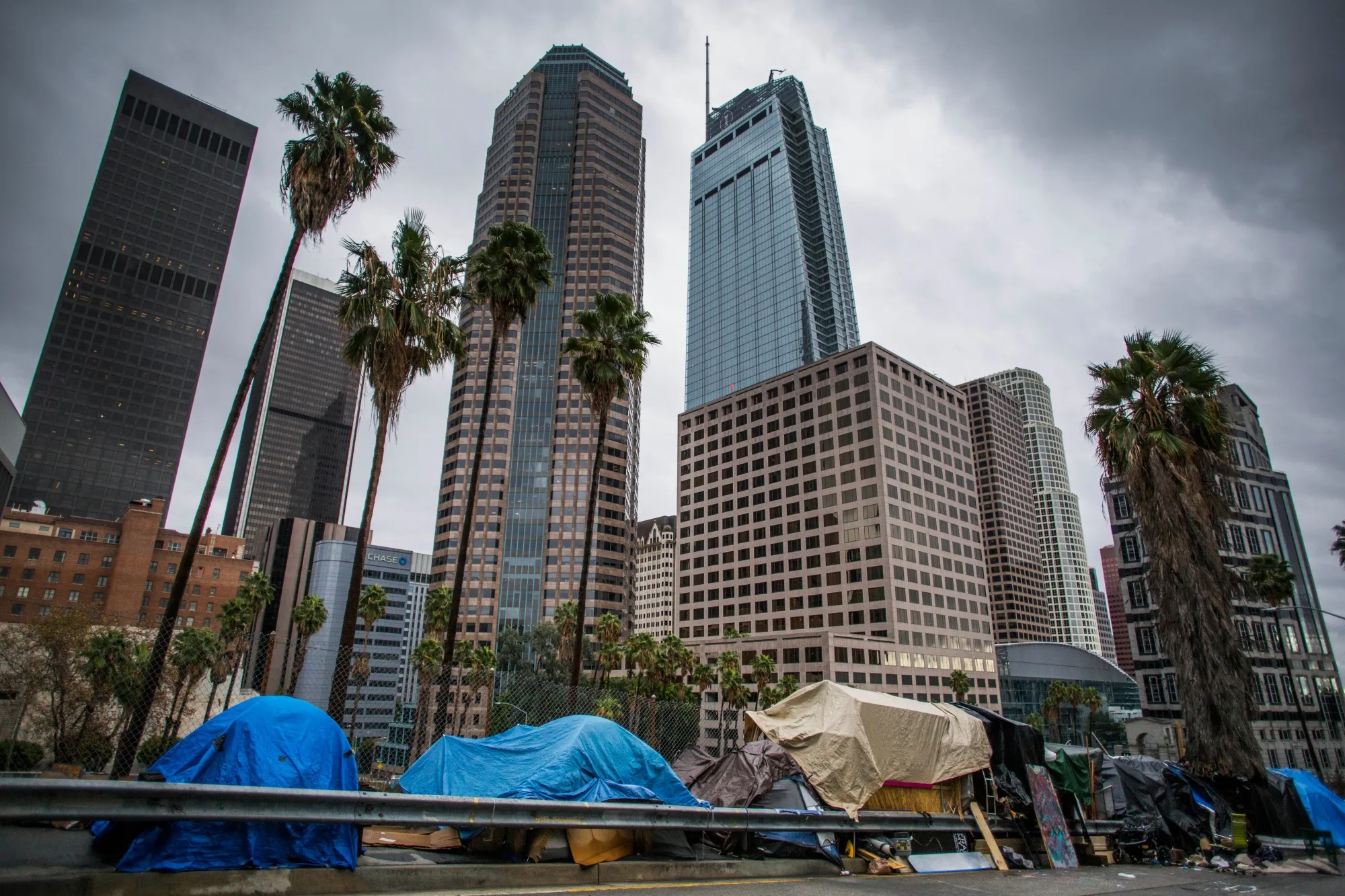 Makeshift tents line a street in Downtown Los Angeles in November.