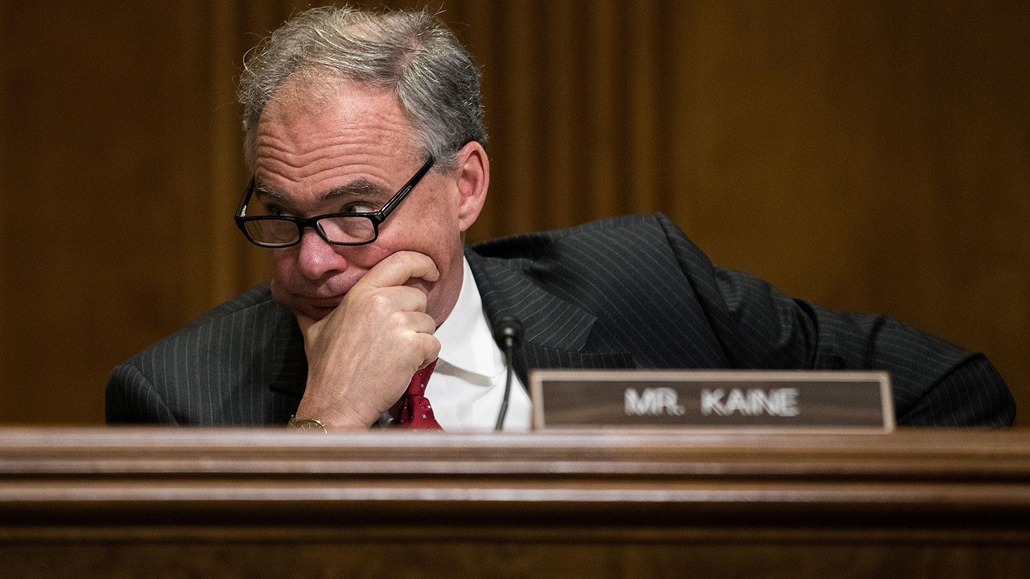 Senator Tim Kaine listens to testimony during a Senate Foreign Relations Committee hearing on May 26, 2016, in Washington.

