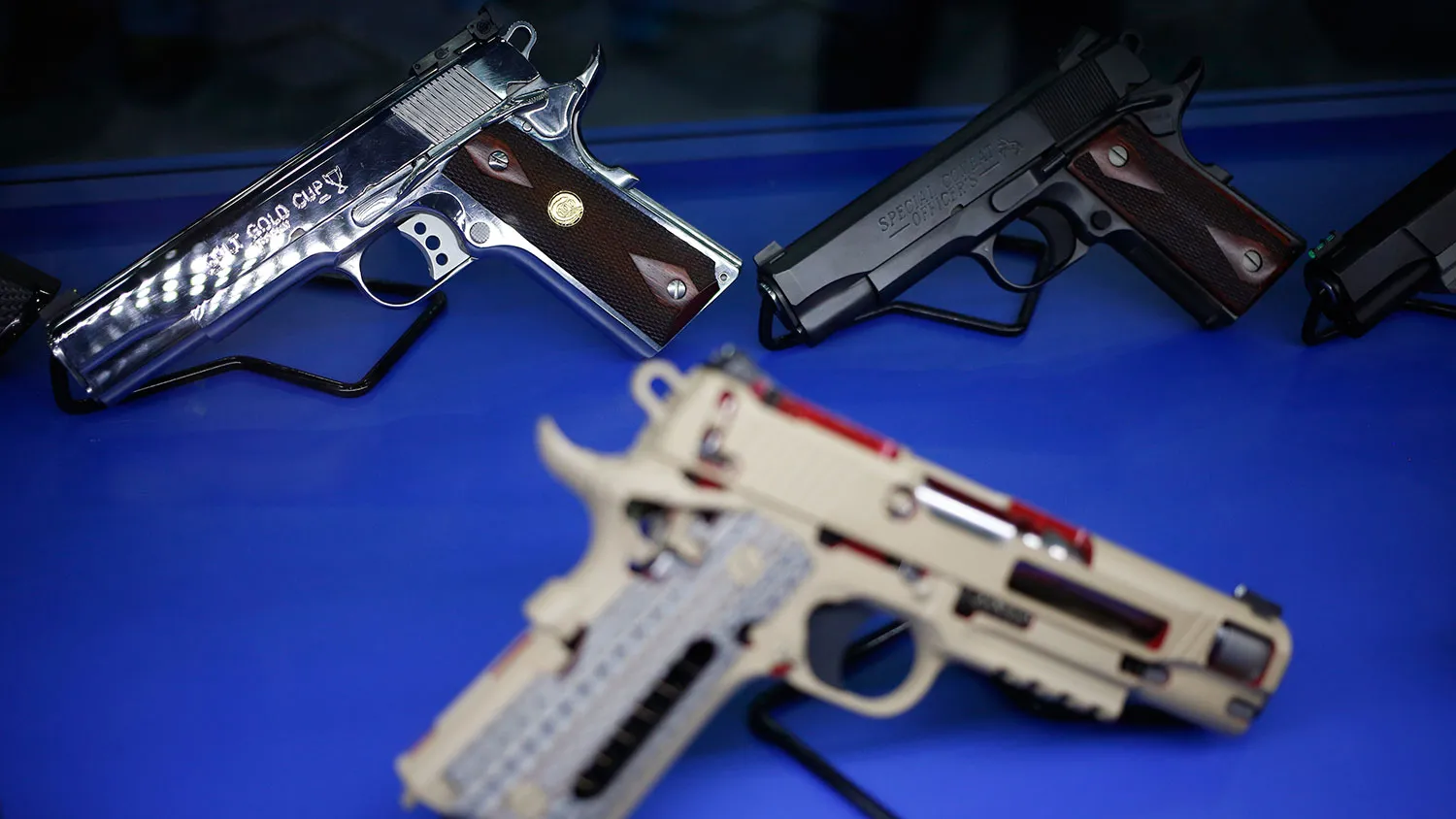 Colt's Manufacturing Co. model 1911 handguns are displayed on the exhibit floor during the National Rifle Association (NRA) annual meeting in Louisville, Kentucky, on May 20, 2016.
