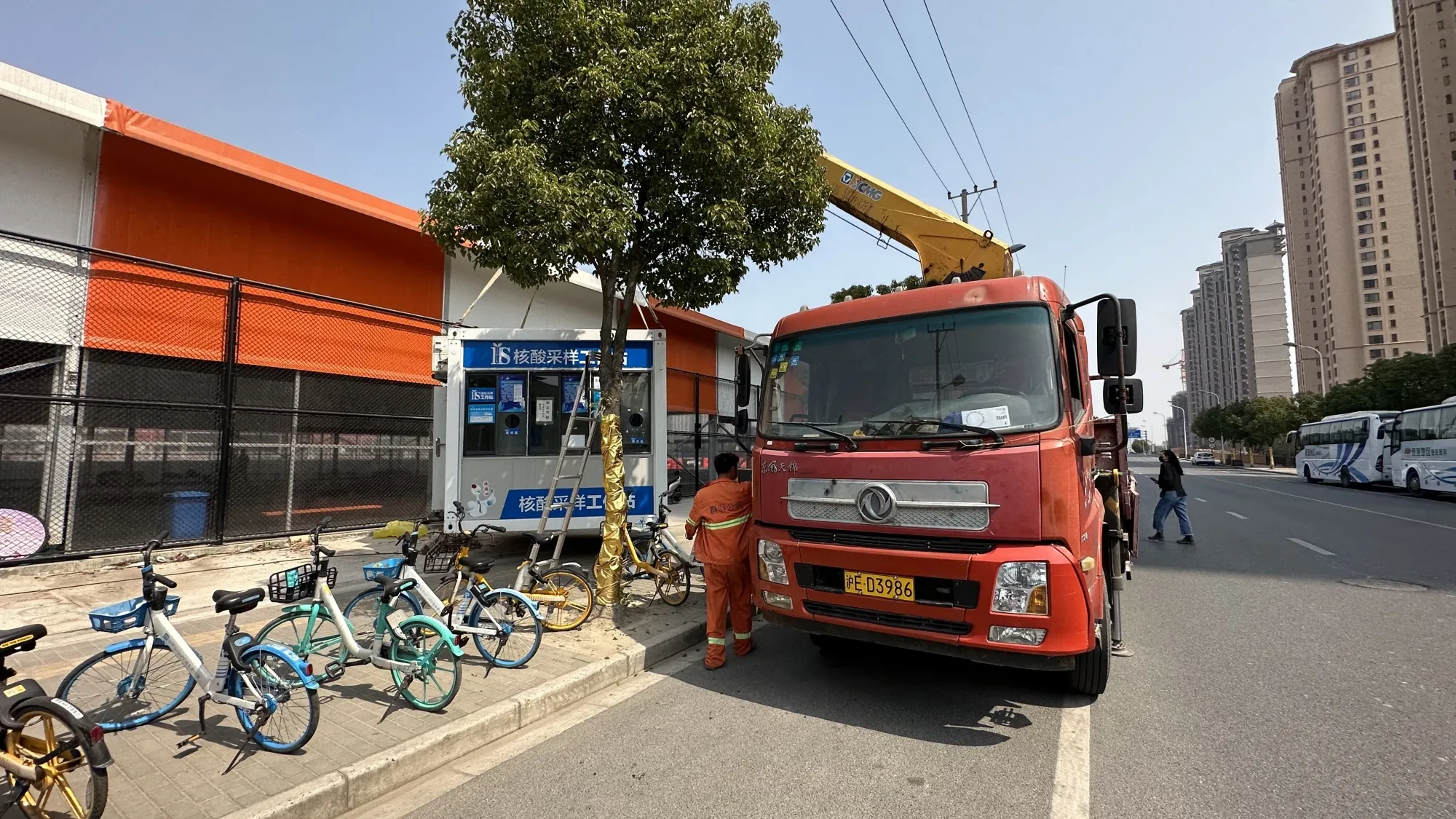A Covid testing station is dismantled in Shanghai on March 9.