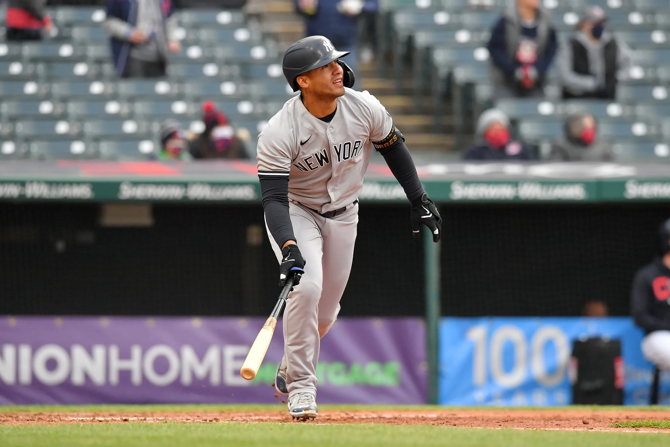 Gleyber Torres hits a single during a game against the Cleveland Indians on April 22.