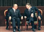 President Ronald Reagan talk sto Soviet President Mikhail Gorbachev in 1985.
