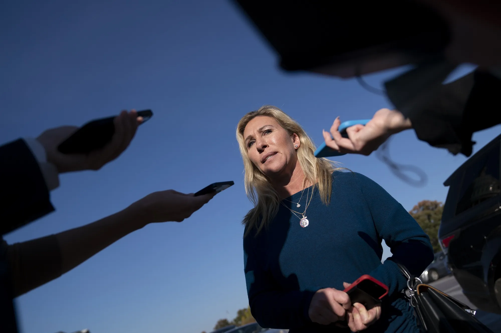 Rep. Marjorie Taylor Greene speaks to members of the media outside the U.S. Capitol in Washington, D.C.