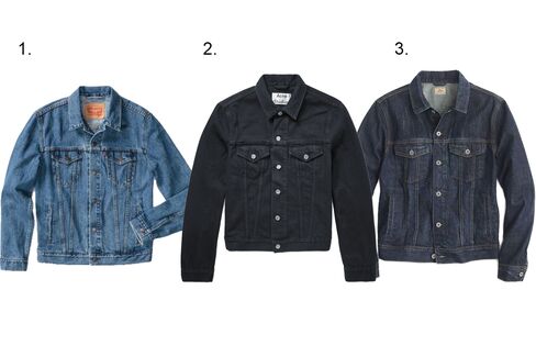 (1) Trucker Jacket in the shelf, Levi’s, $89.50, levis.com; (2) Slim-fit overdyed denim jacket, Acne Studios, $360, acnestudios.com; (3) Denim jacket in walden wash, J.crew, $118, jcrew.com