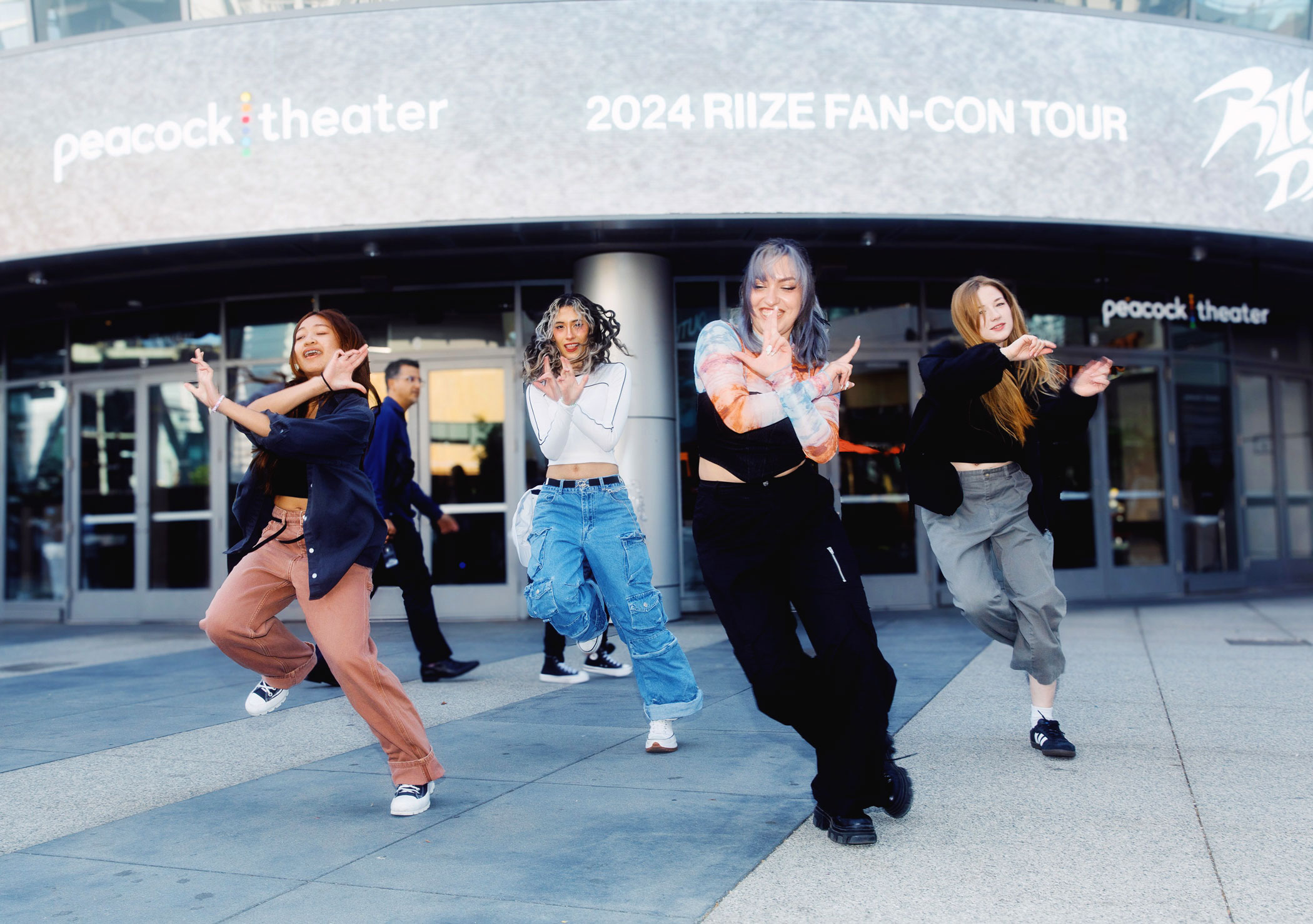 Photo pf fans dancing to Riizes song outside the Peacock Theater ahead of the Riize fan-concert 'Riizing Day' in Los Angeles, US in May 2024.