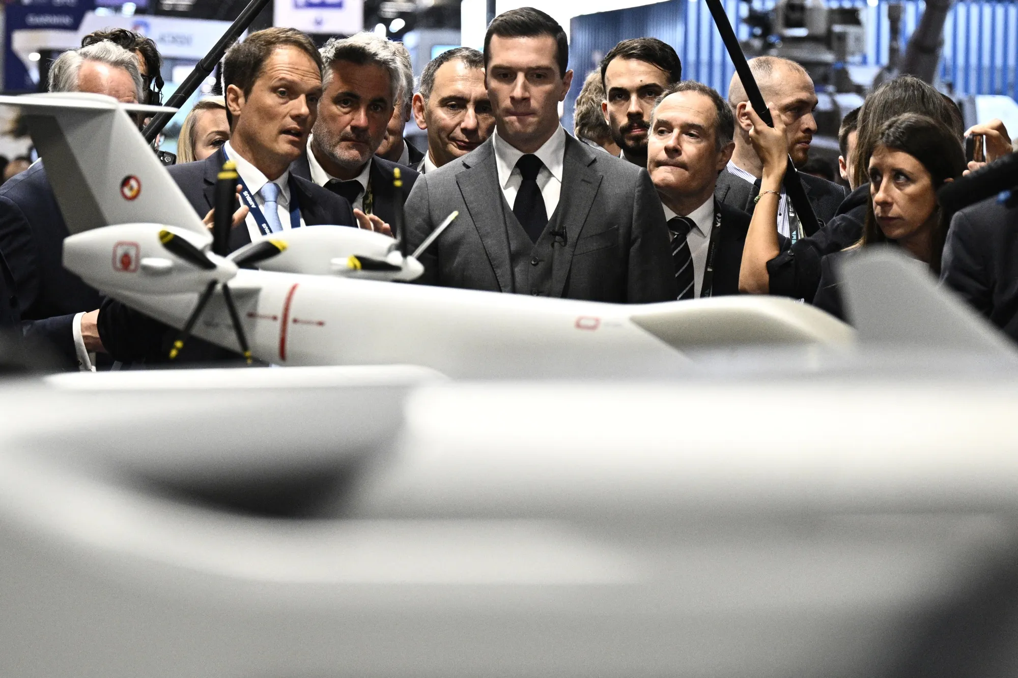 Jordan Bardella visits the Eurosatory defense trade fair in Paris on June 19.