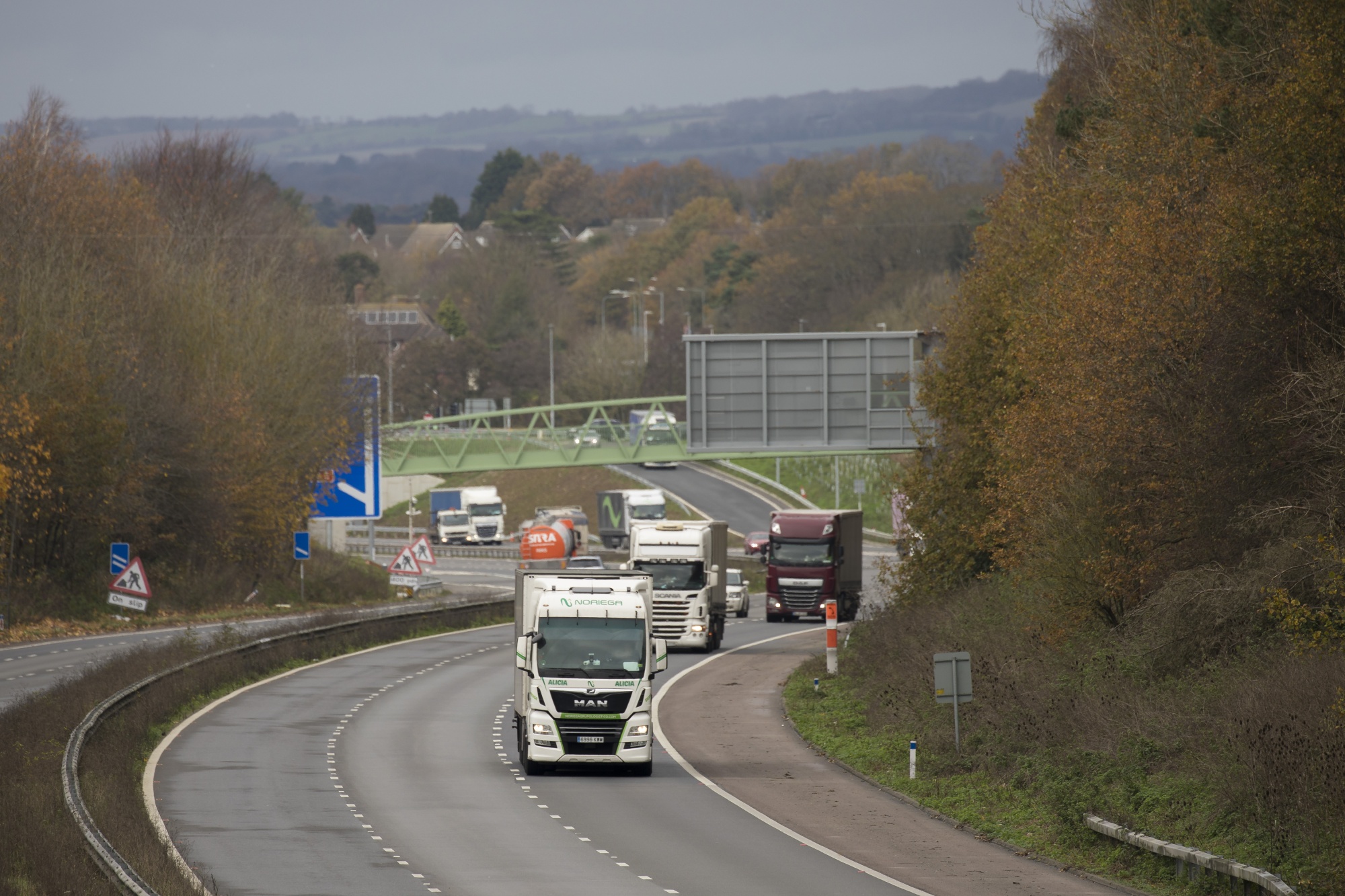 Traffic on M20 motorway near Folkestone, Kent.