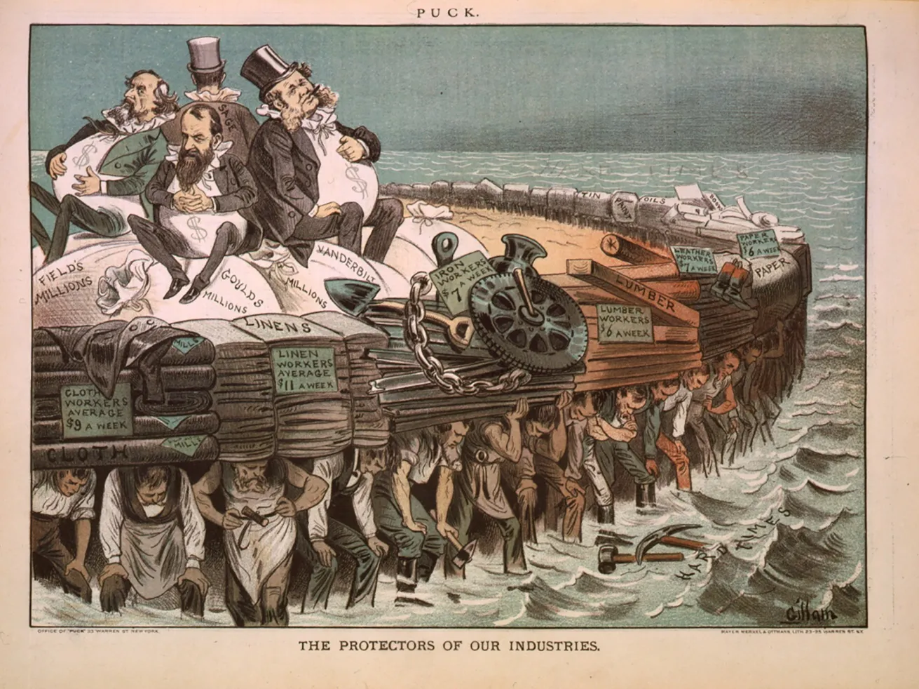 An 1883&nbsp;cartoon shows industrialists Cyrus Field, Jay Gould, Cornelius Vanderbilt&nbsp;and Russell Sage being carried by workers of various professions.