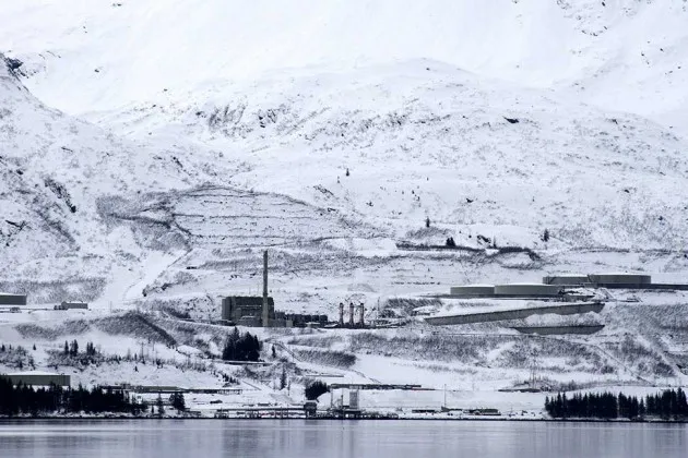 The terminus of the trans-Alaska oil pipeline in Valdez, Alaska on Feb. 26