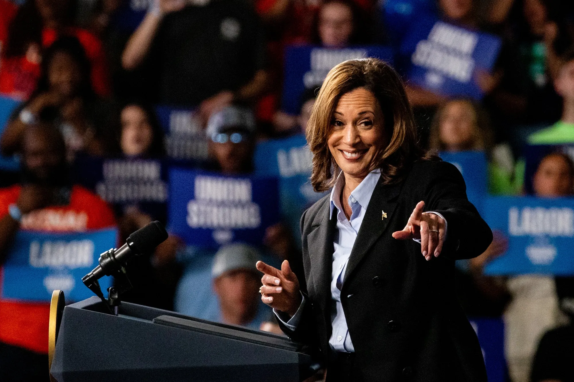 US Vice President Kamala Harris speaks during a campaign event in Detroit, Michigan, on&nbsp;Sept. 2.