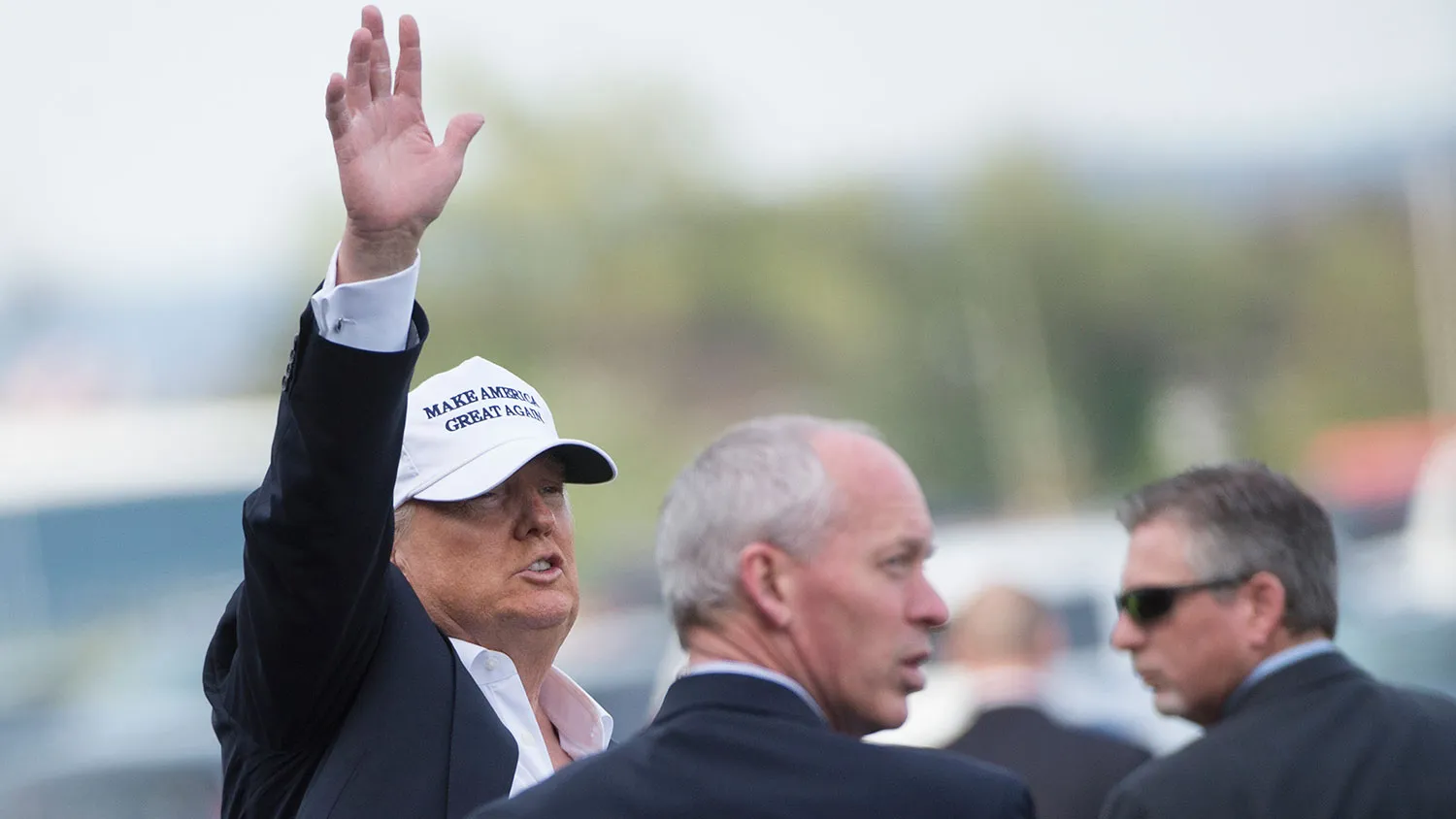 Republican presidential candidate Donald Trump waves as he leaves after speaking at a rally on April 24, 2016, in Hagerstown, Maryland.
