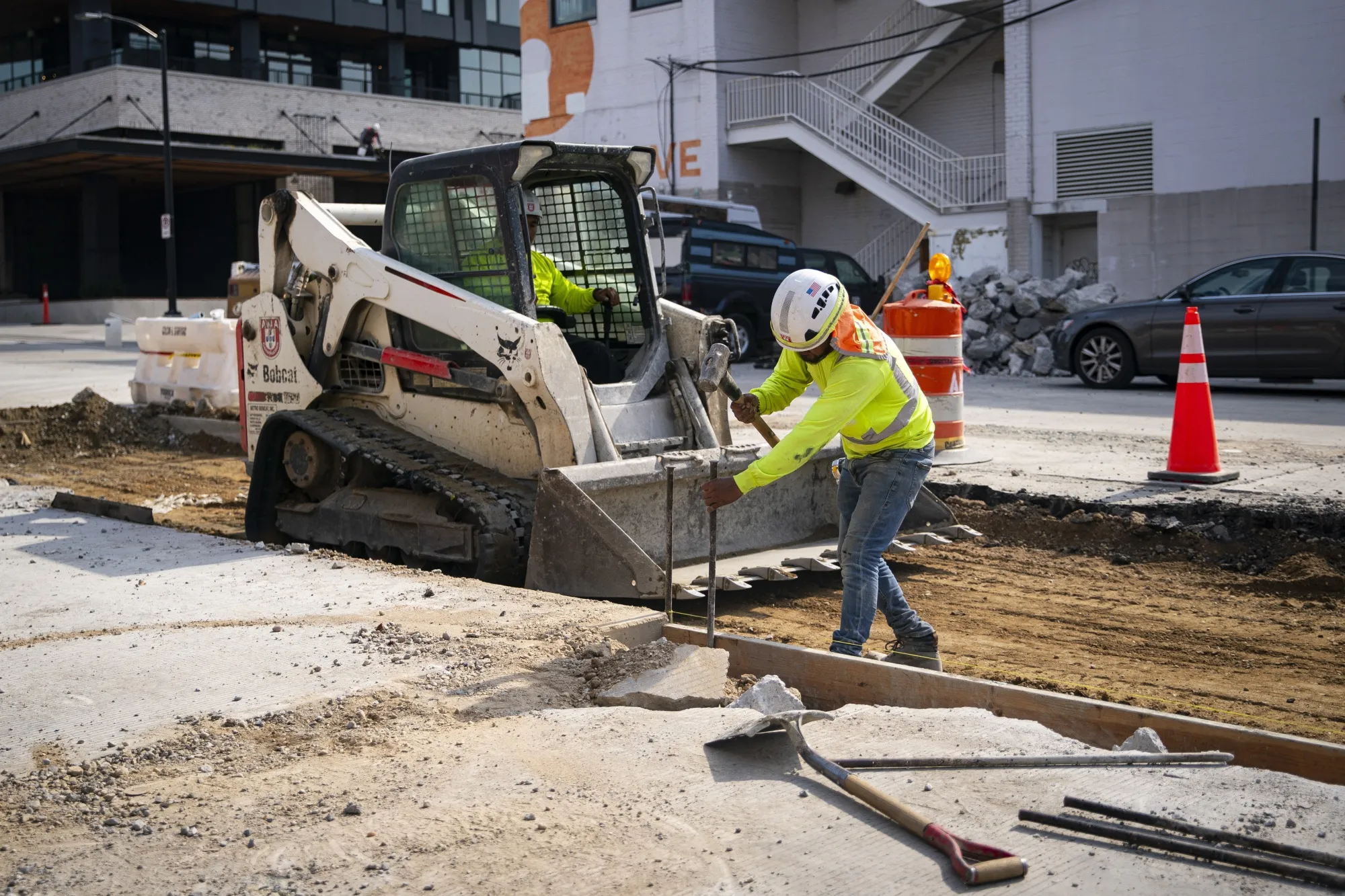A construction worker while renovating a road in the Union Market district in Washington.