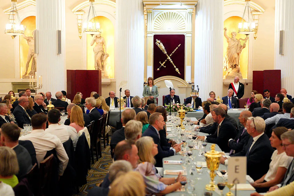 Chancellor of the Exchequer&nbsp;Rachel Reeves at the Mansion House Financial Services dinner on July 15, with Andrew Bailey at the head table.