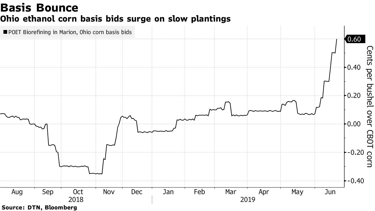 Ohio ethanol corn basis bids surge on slow plantings