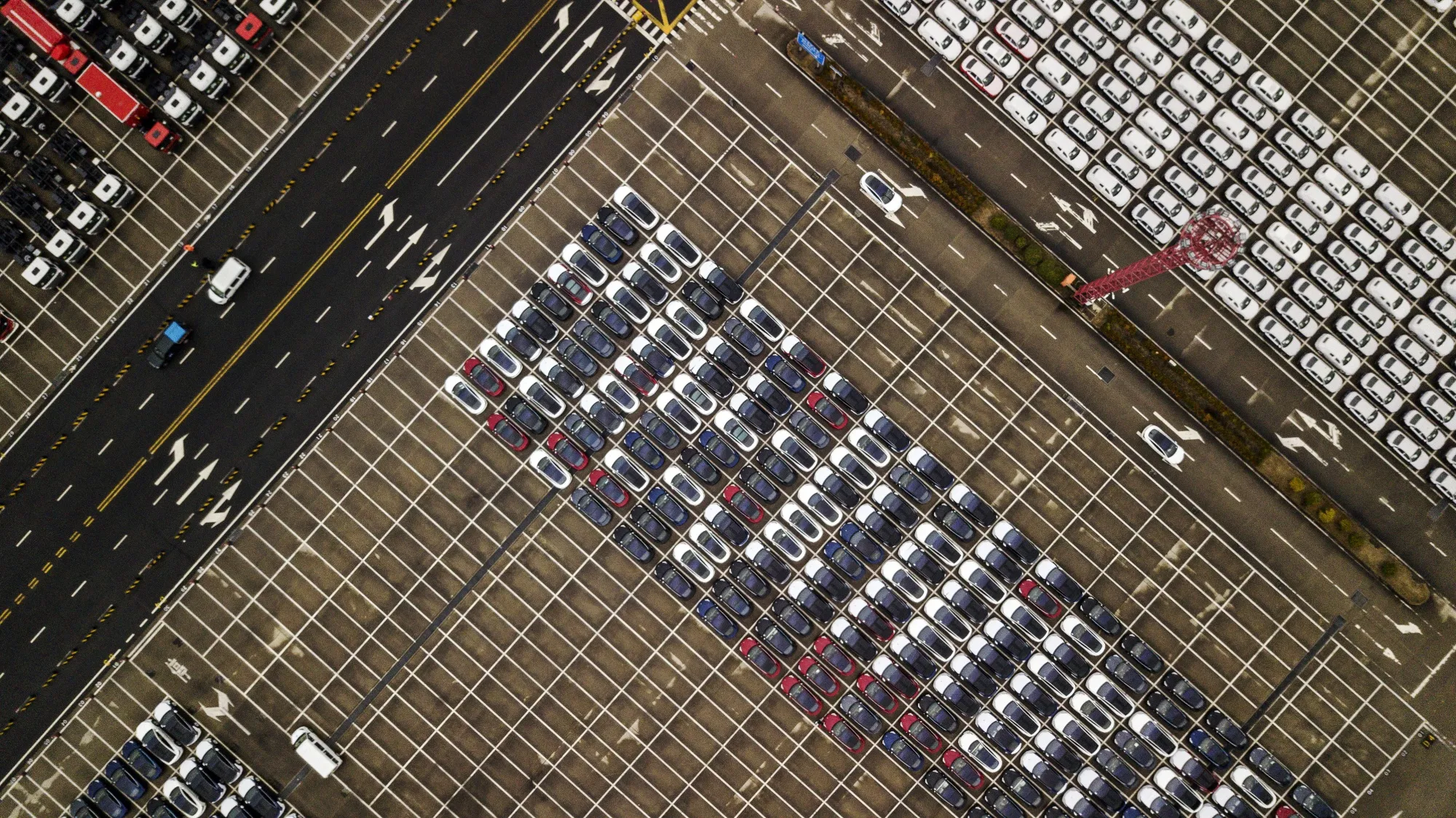 Tesla vehicles, center, parked at a port in Shanghai.