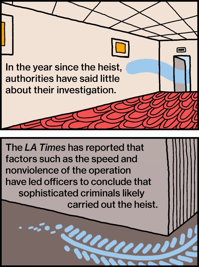 In the year since the heist, authorities have said little about their investigation. The LA Times has reported that factors such as the speed and nonviolence of the operation have led officers to conclude that sophisticated criminals likely carried out the heist.