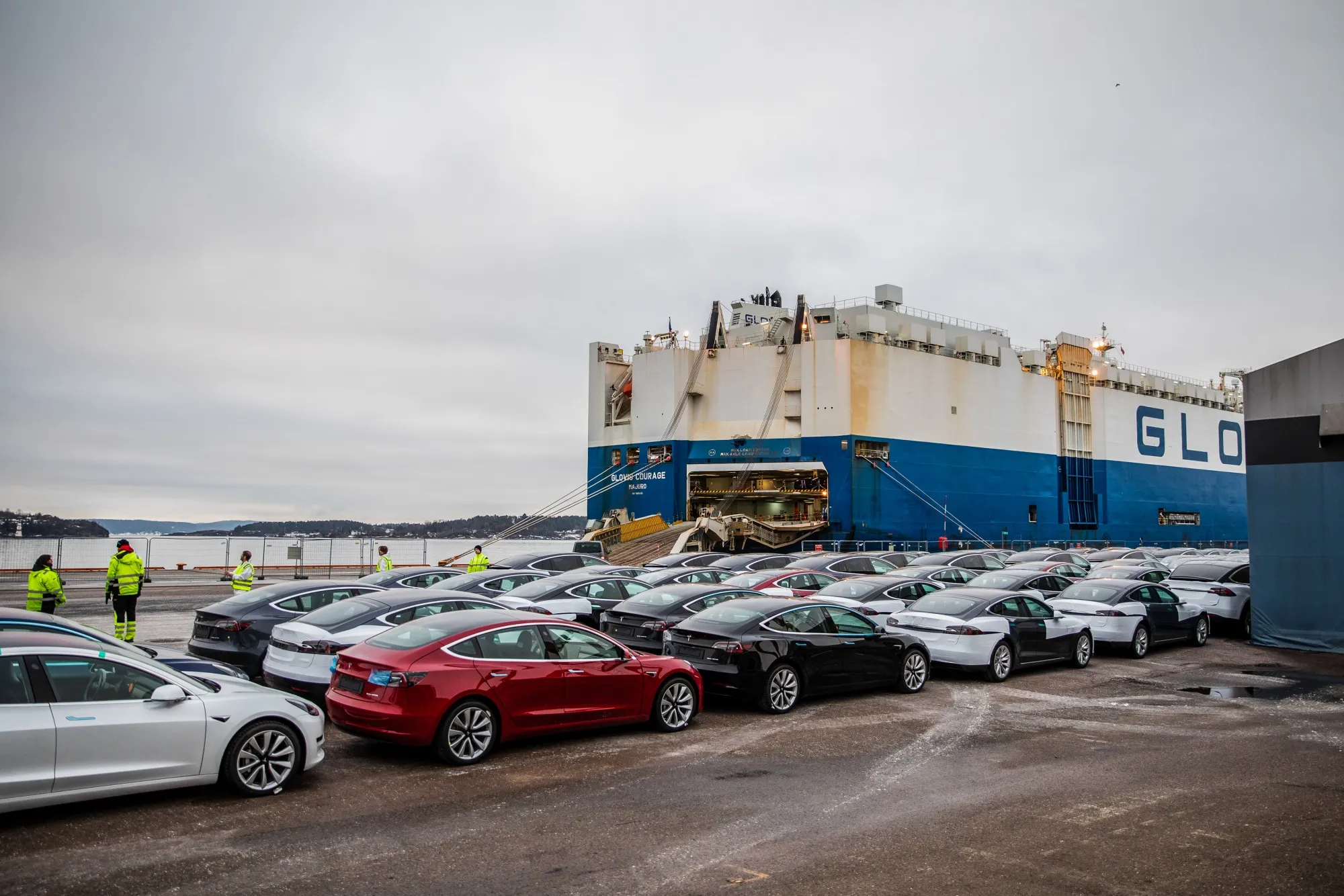 Teslas dockside at the Port of Oslo.