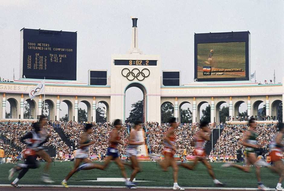 Entrants during the Men's 5,000 meter event at the 1984 Summer Olympic Games in Los Angeles. 