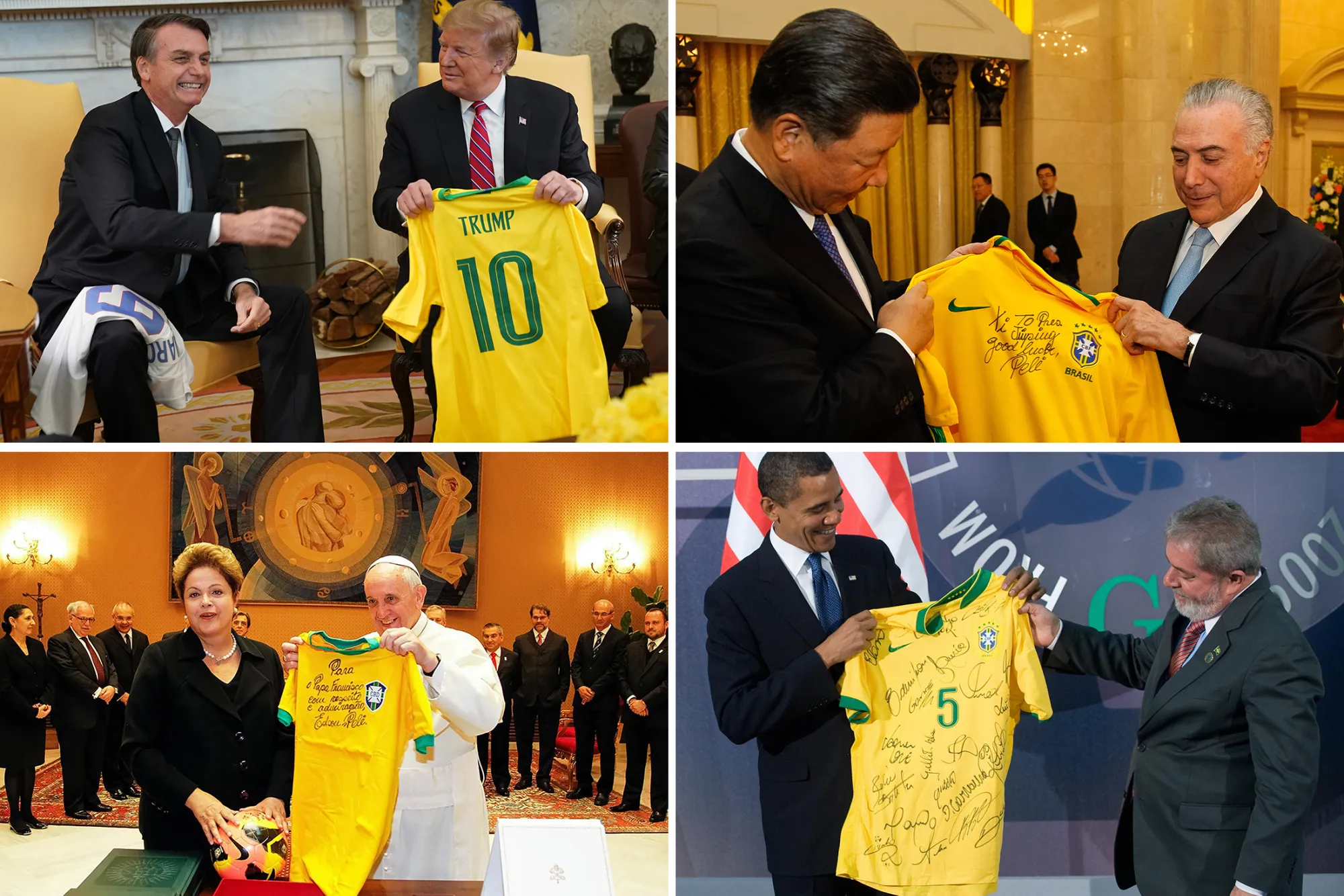 Brazilian presidents gifting jerseys to world leaders.