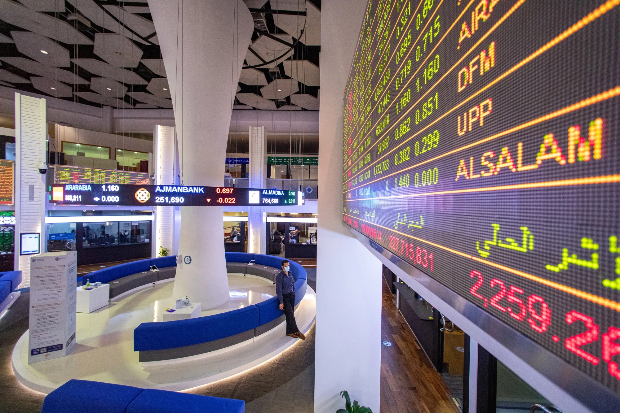 An electronic screen displays stock price information at the Dubai Financial Market PJSC (DFM) in Dubai, United Arab Emirates, on Sunday, Sept. 6, 2020. Dubai made a rare foray into public bond markets, revealing along the way that its debt burden is now a lot smaller than estimated by analysts only months ago.