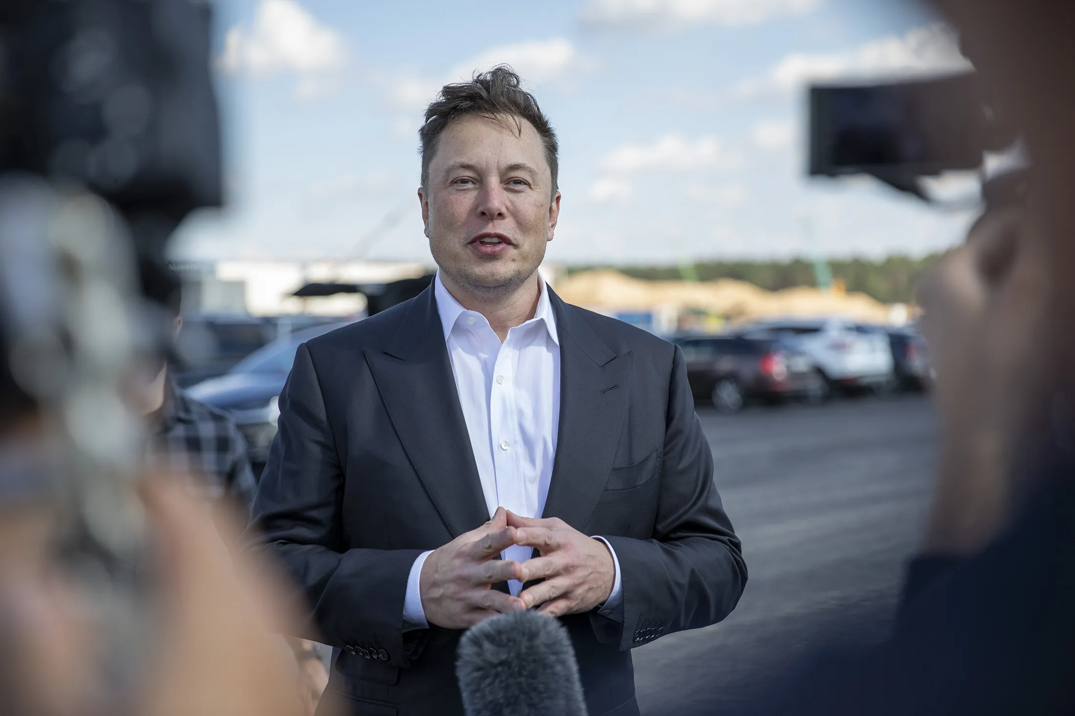Elon Musk arrives to review the construction site of the Tesla Gigafactory near Berlin in 2020.