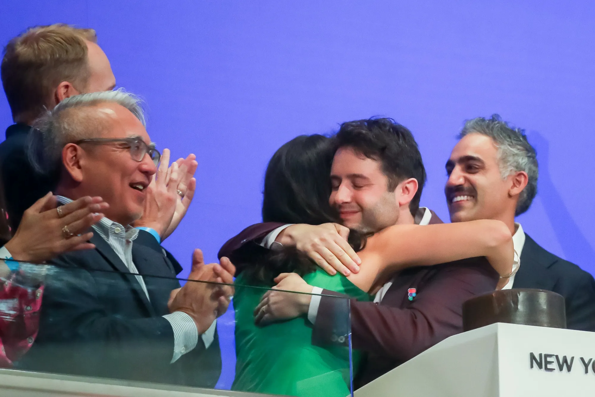 Lynn Martin, president of the NYSE Group Inc., center left, and Dylan Field, co-founder and chief executive officer of Figma Inc.