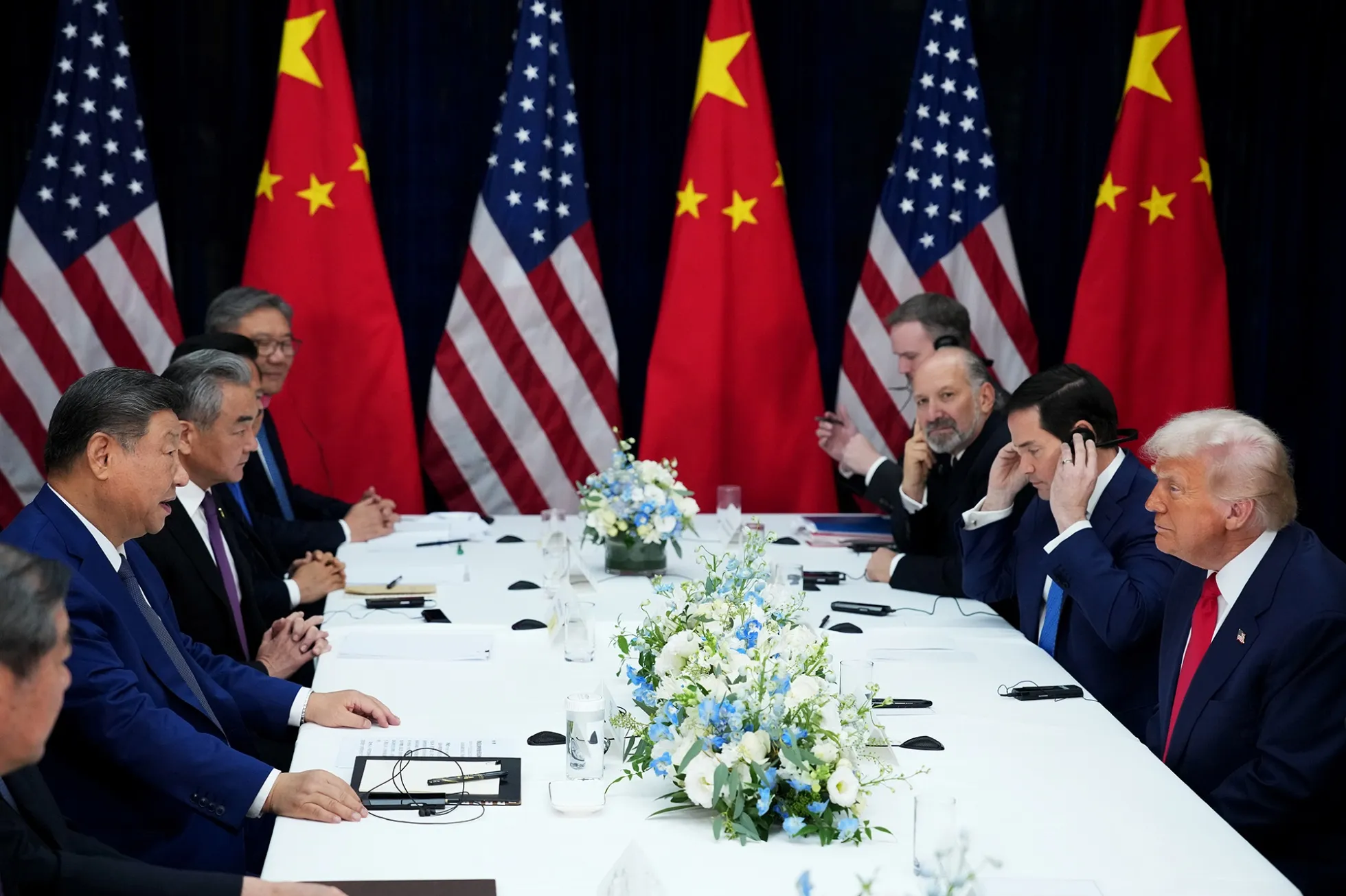 Chinese President Xi Jinping and US President Donald Trump during a bilateral meeting at Gimhae Air Base in Busan, South Korea on Oct. 30.&nbsp;