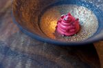 Raspberry marshmallow ice cream with lemon curd, mint and basil at Saison in San Francisco
