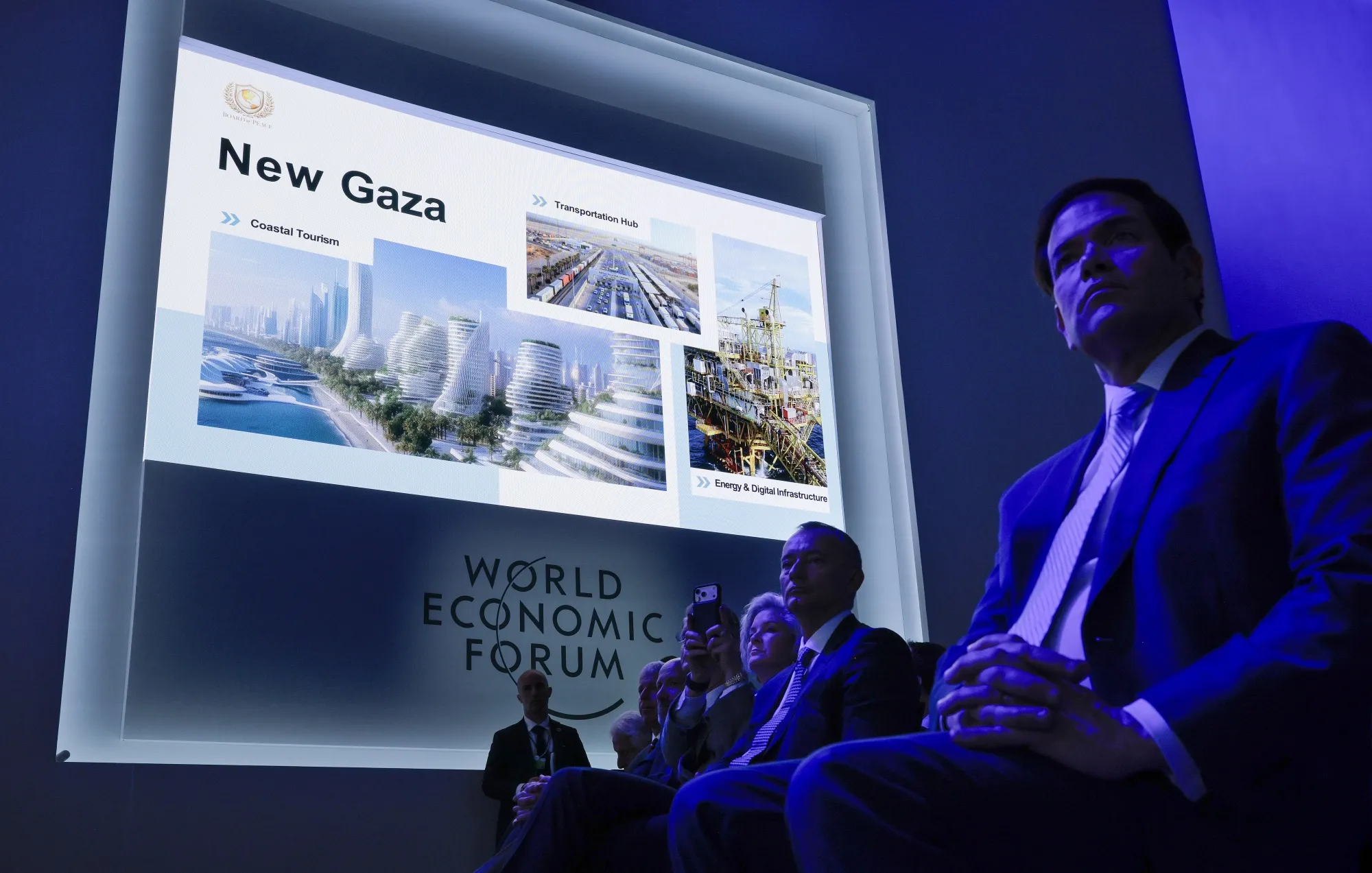 US Secretary of State Marco Rubio listens to a presentation by Trump Administration officials about post-war Gaza at the World Economic Forum in Davos, Switzerland on Jan. 22.
