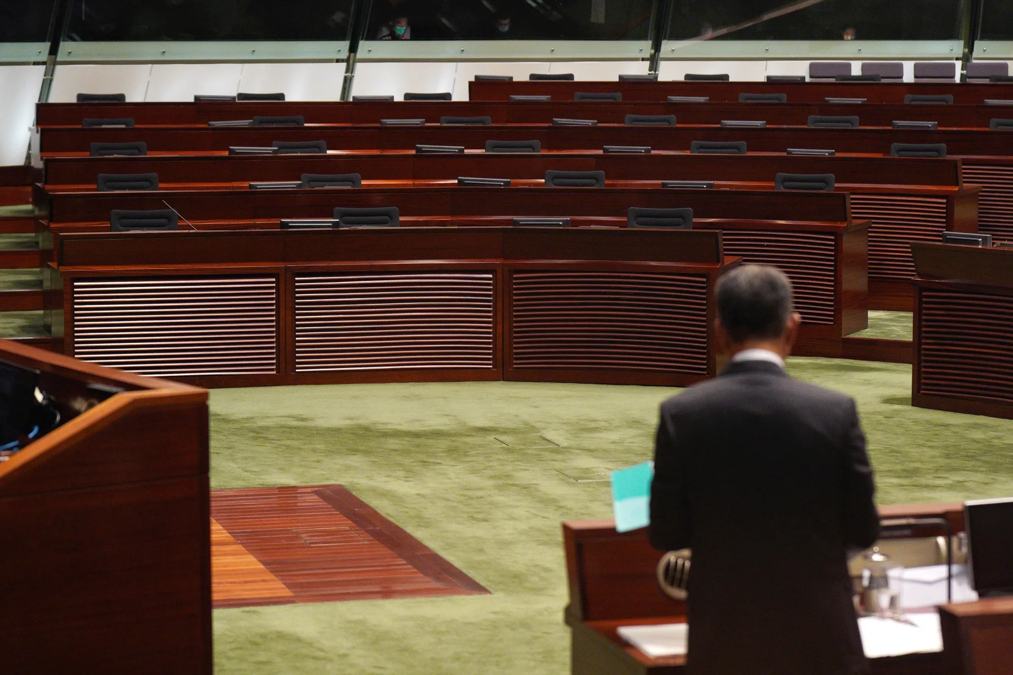 Seats left vacant by pro-democracy lawmakers that resigned en masse at the Legislative Council in Hong Kong on&nbsp;Feb. 24.